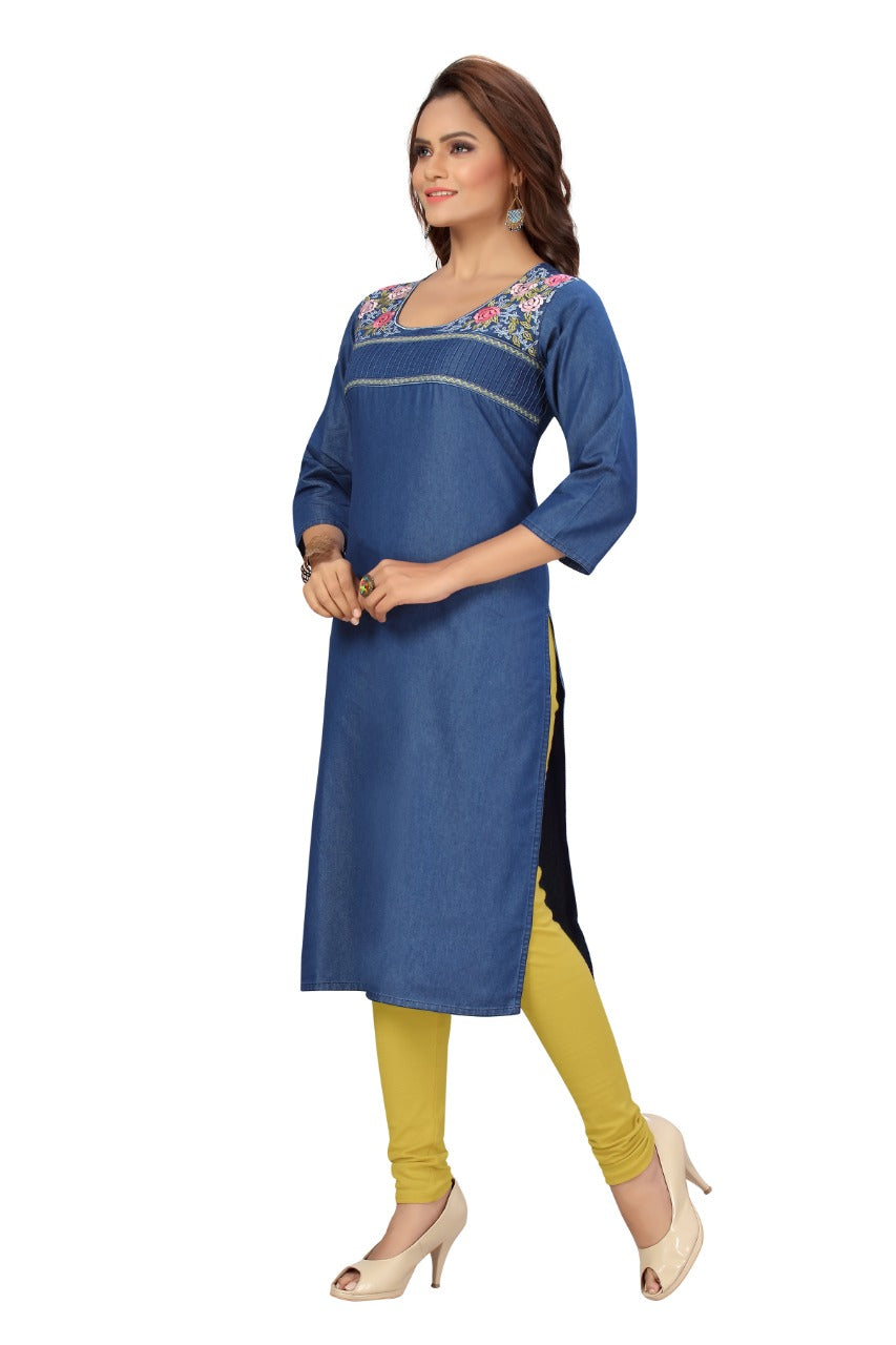 Denim Embroidered Tabla Round Neck Kurta