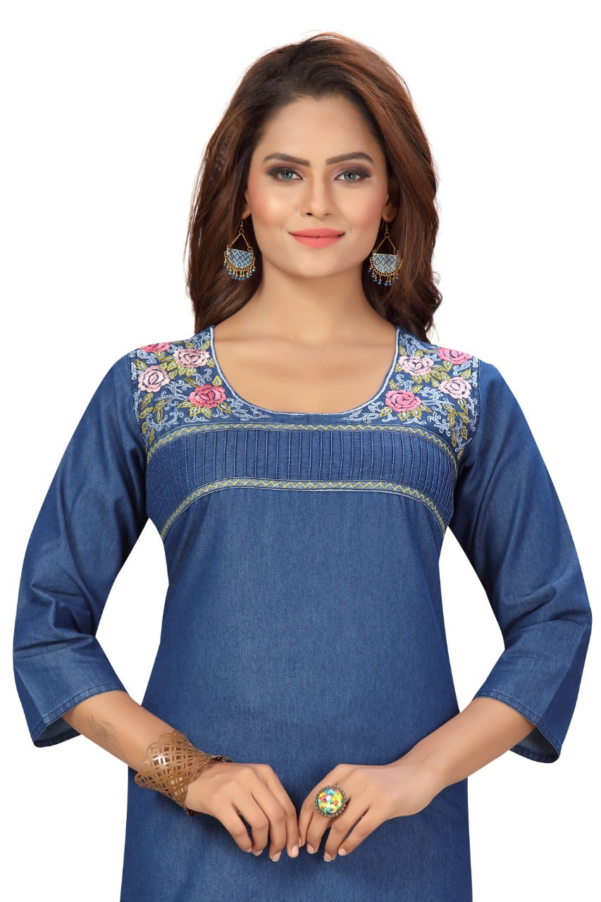 Denim Embroidered Tabla Round Neck Kurta