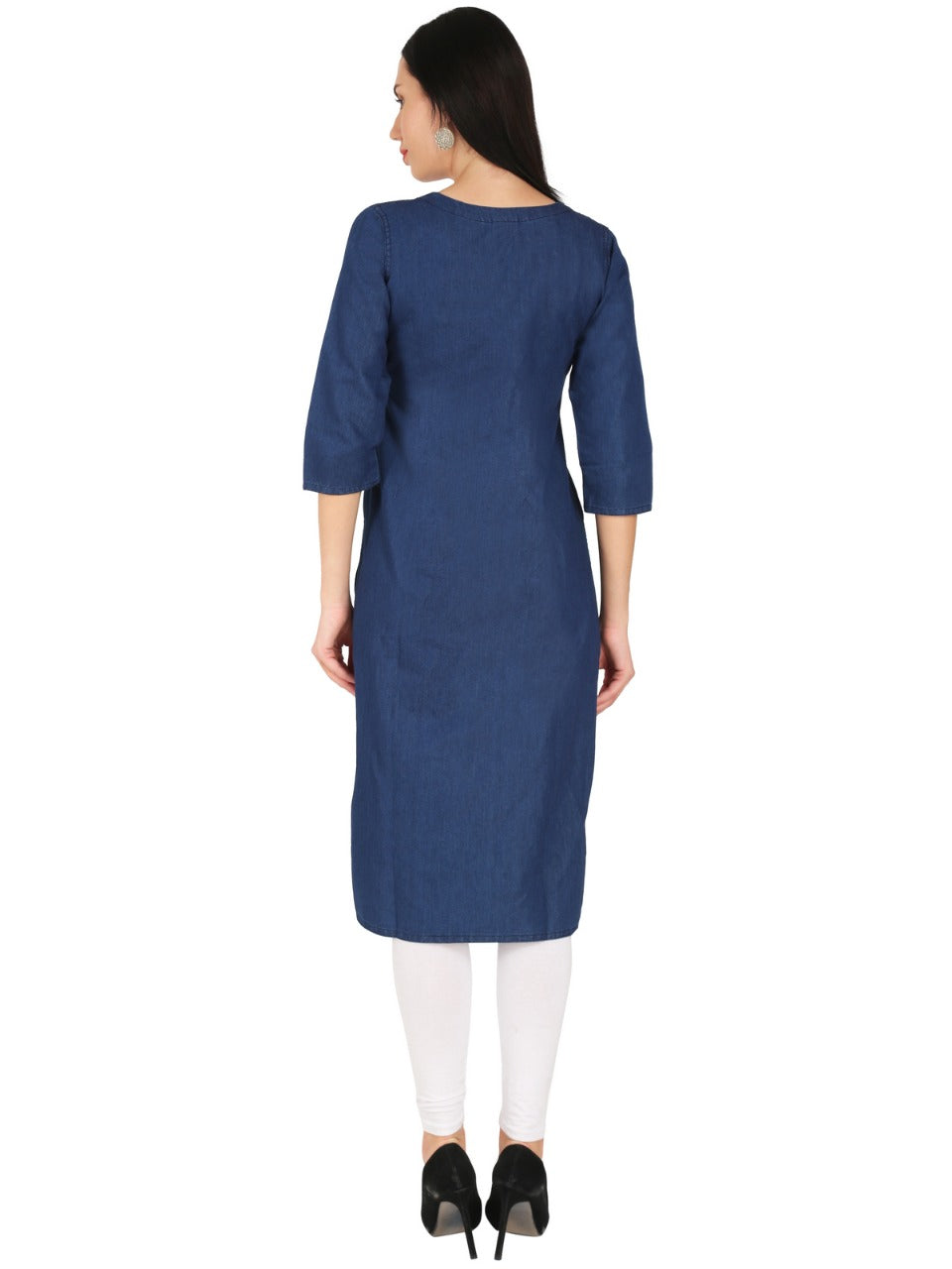 Denim Red white Embroidered Round Neck Kurta