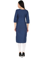 Denim Red white Embroidered Round Neck Kurta