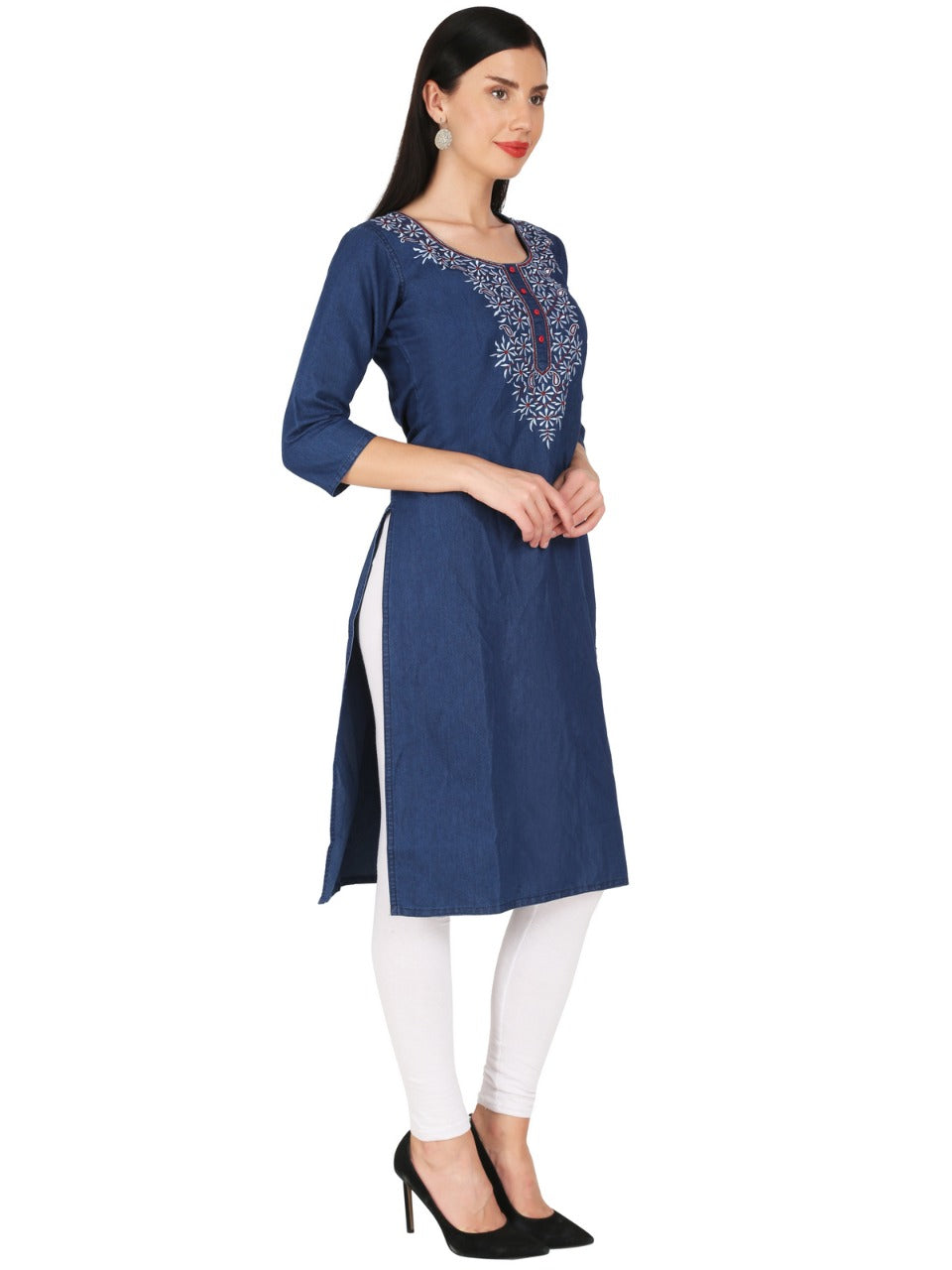Denim Red white Embroidered Round Neck Kurta