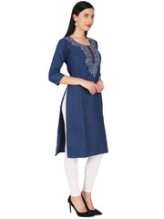 Denim Red white Embroidered Round Neck Kurta