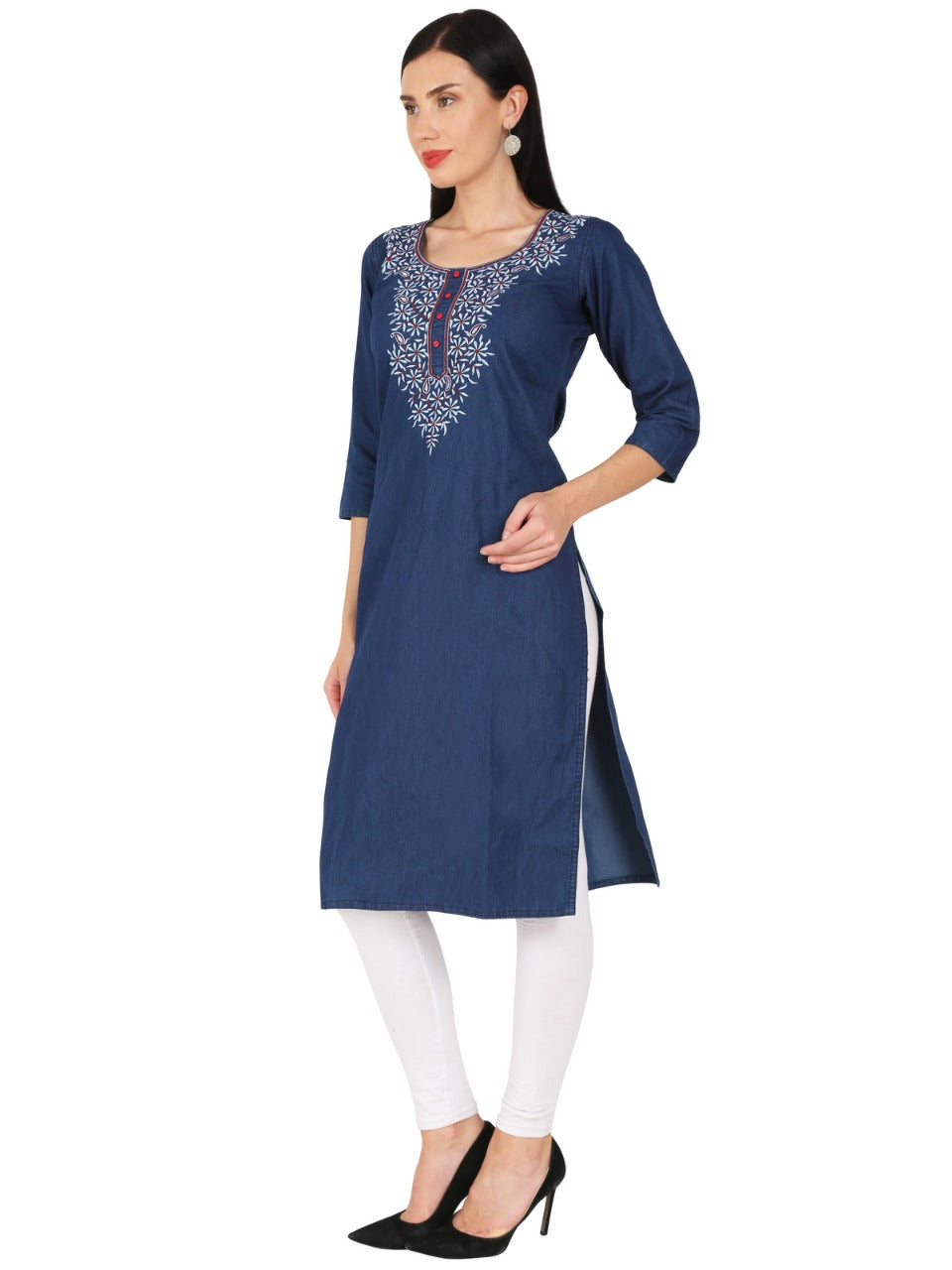 Denim Red white Embroidered Round Neck Kurta