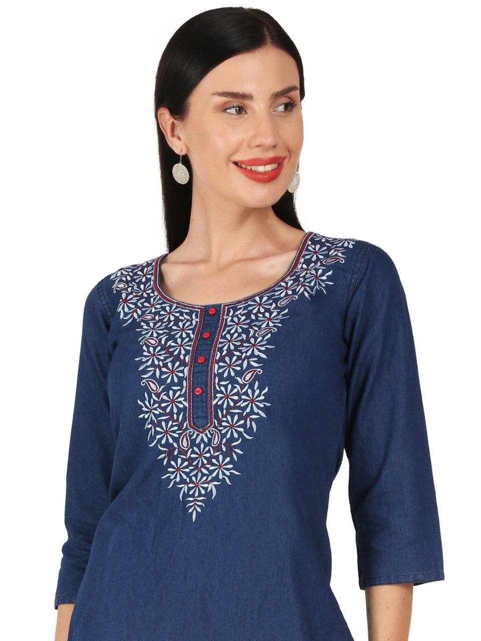 Denim Red white Embroidered Round Neck Kurta