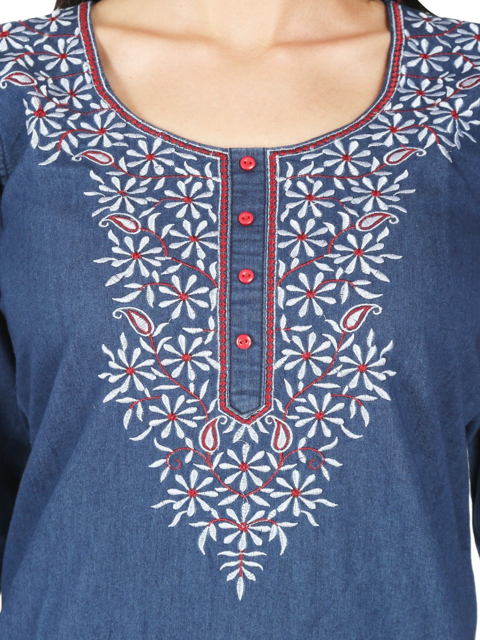 Denim Red white Embroidered Round Neck Kurta