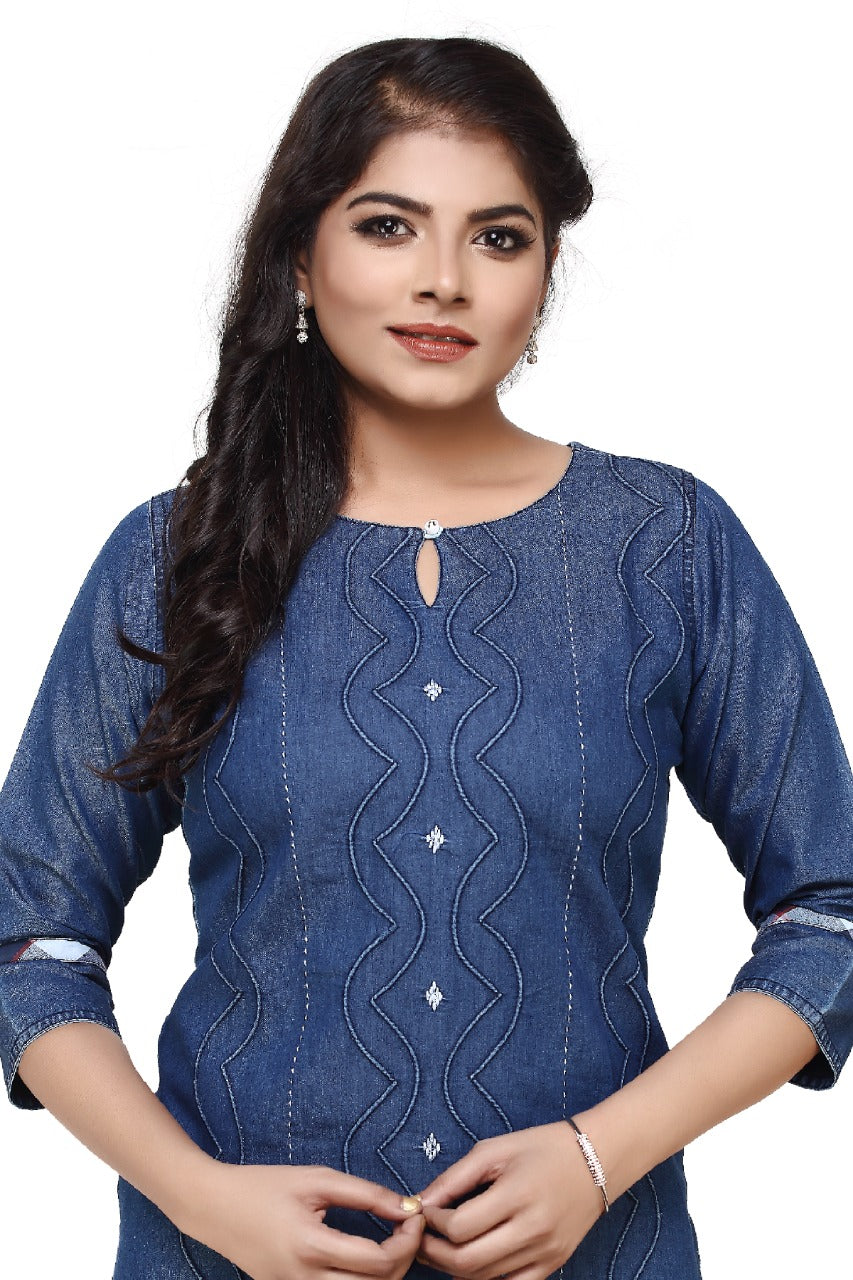 Denim Embroidered Kurti
