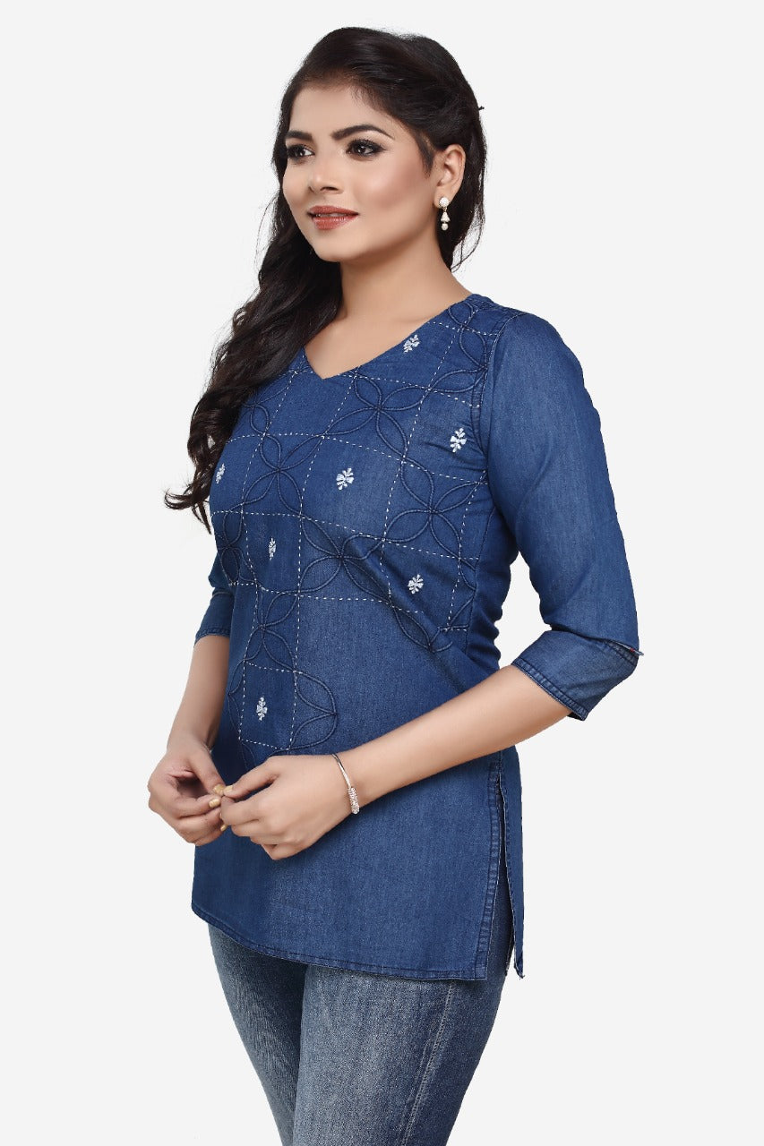 Denim Embroidered Kurti