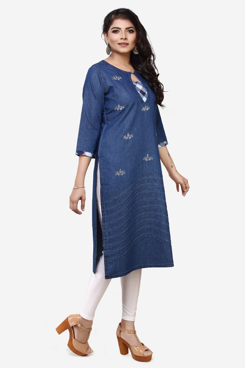 Denim Embroidered Kurta