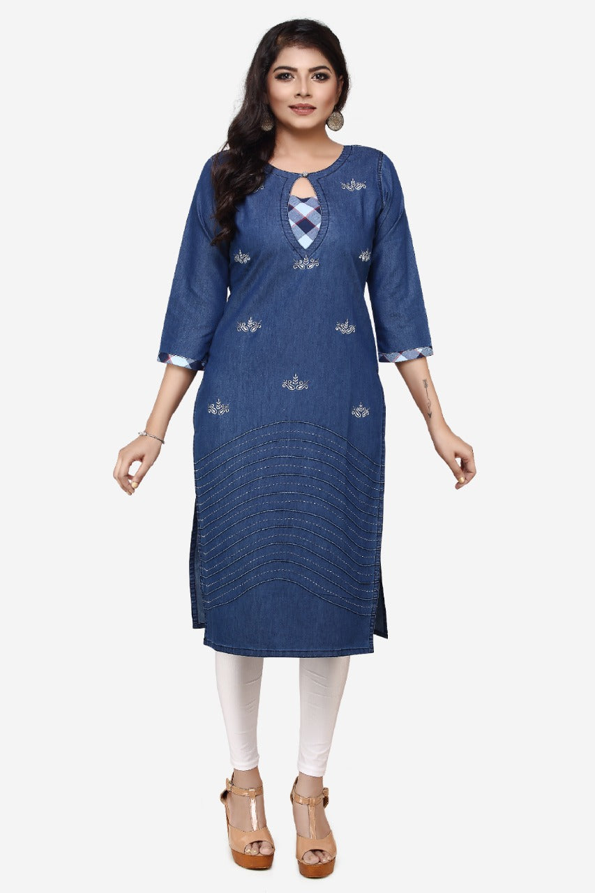 Denim Embroidered Kurta