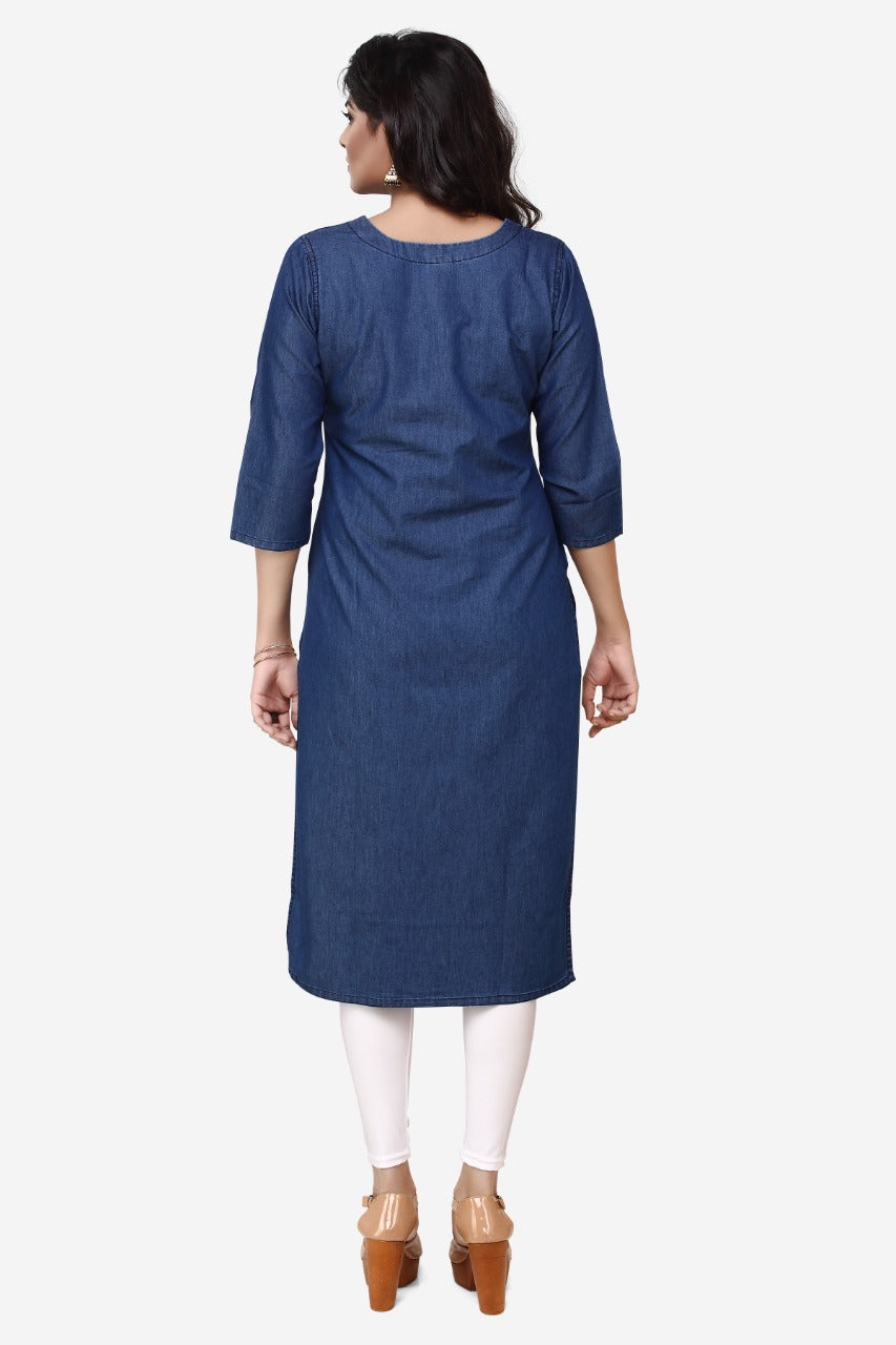 Denim Embroidered Dori Kantha work Round V Neck Kurta