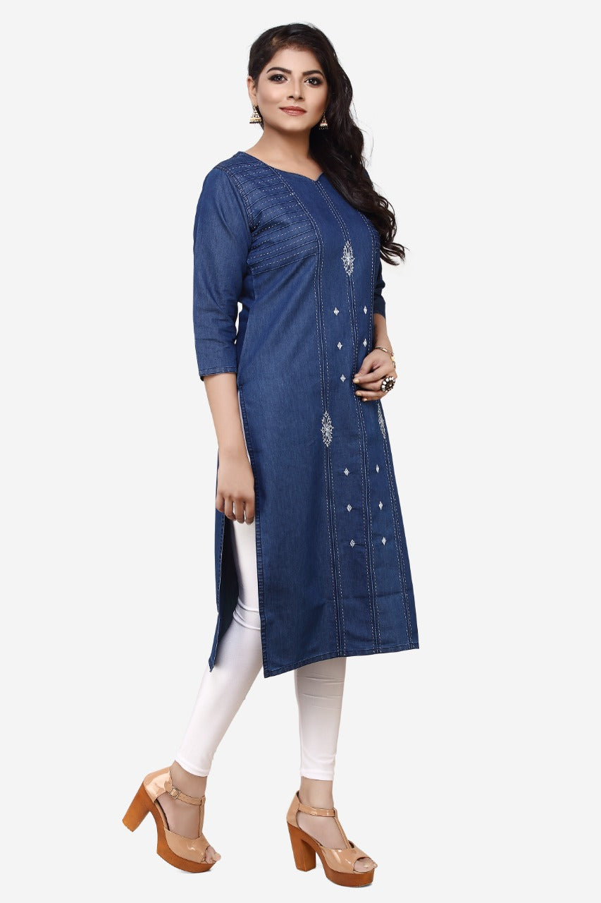 Denim Embroidered Dori Kantha work Round V Neck Kurta