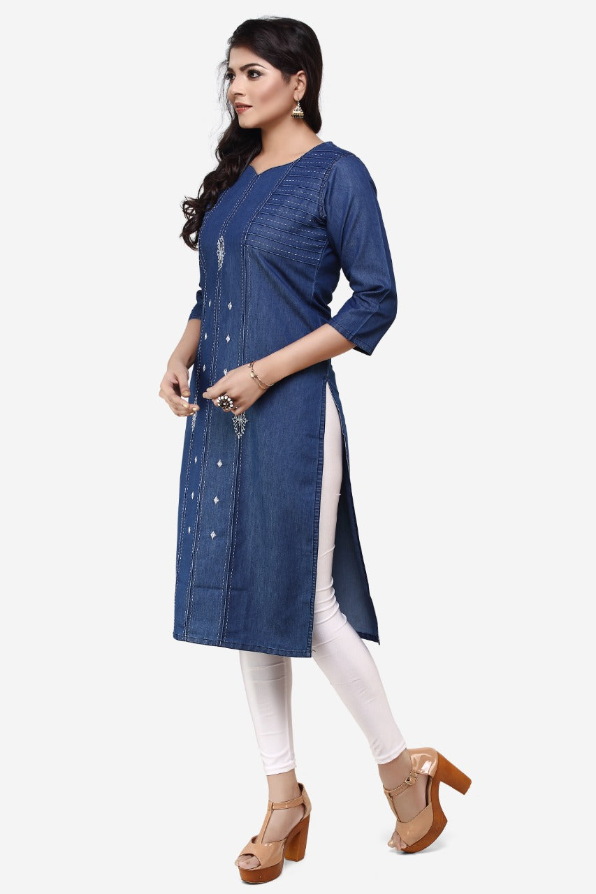 Denim Embroidered Dori Kantha work Round V Neck Kurta