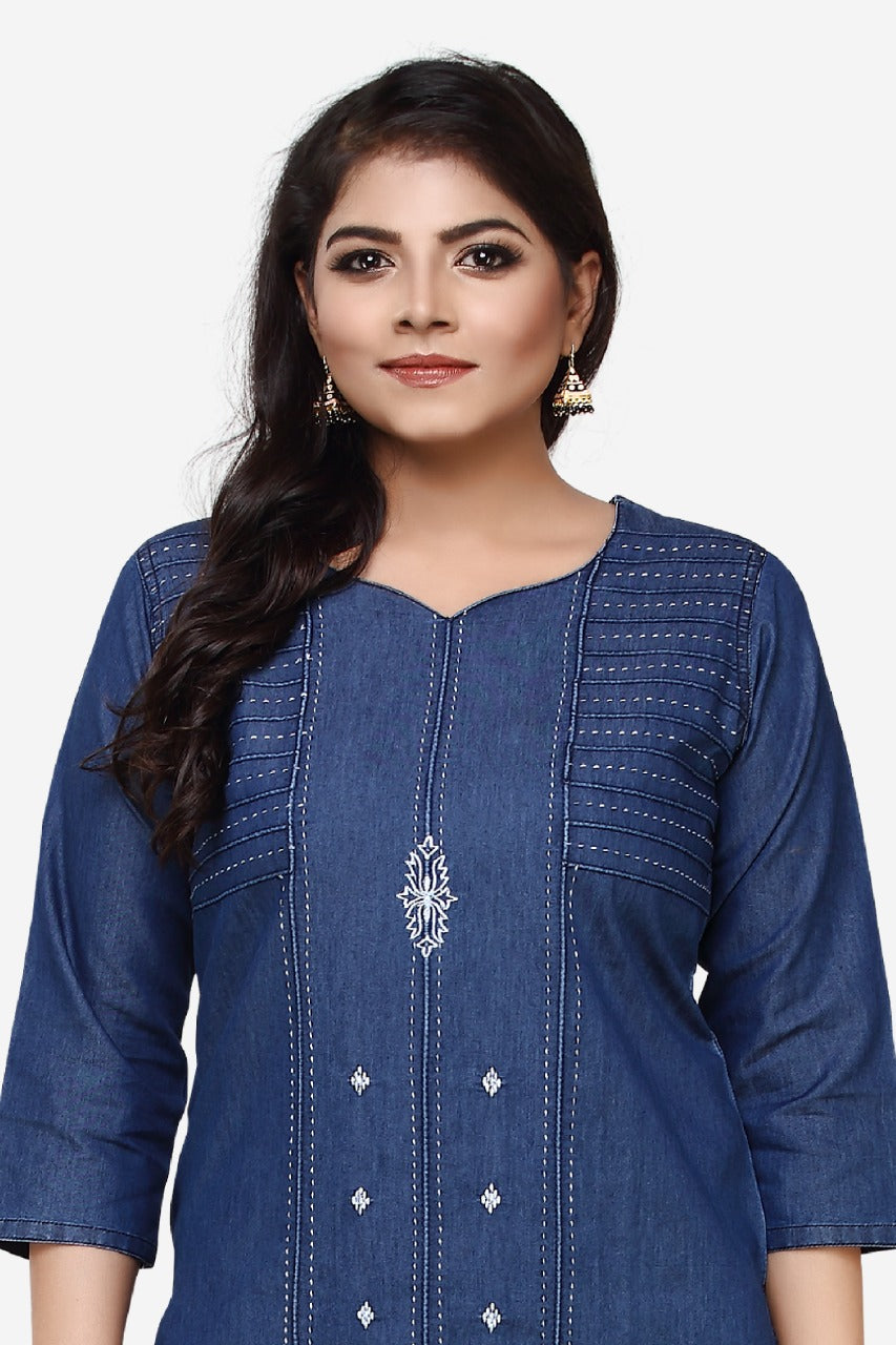 Denim Embroidered Dori Kantha work Round V Neck Kurta