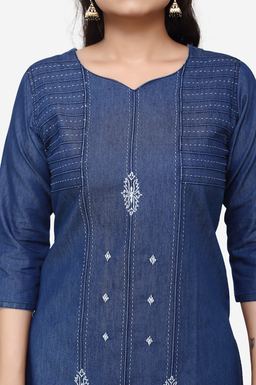 Denim Embroidered Dori Kantha work Round V Neck Kurta
