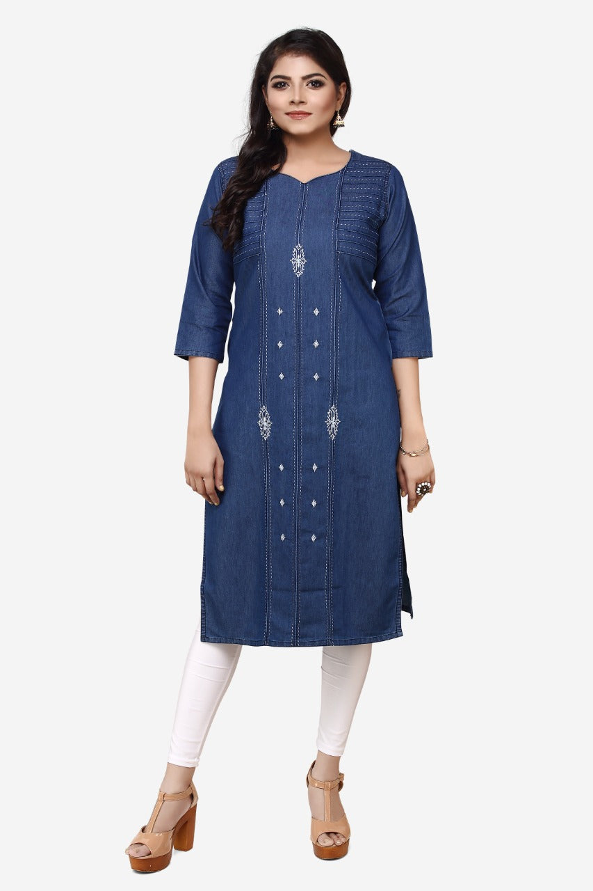 Denim Embroidered Dori Kantha work Round V Neck Kurta