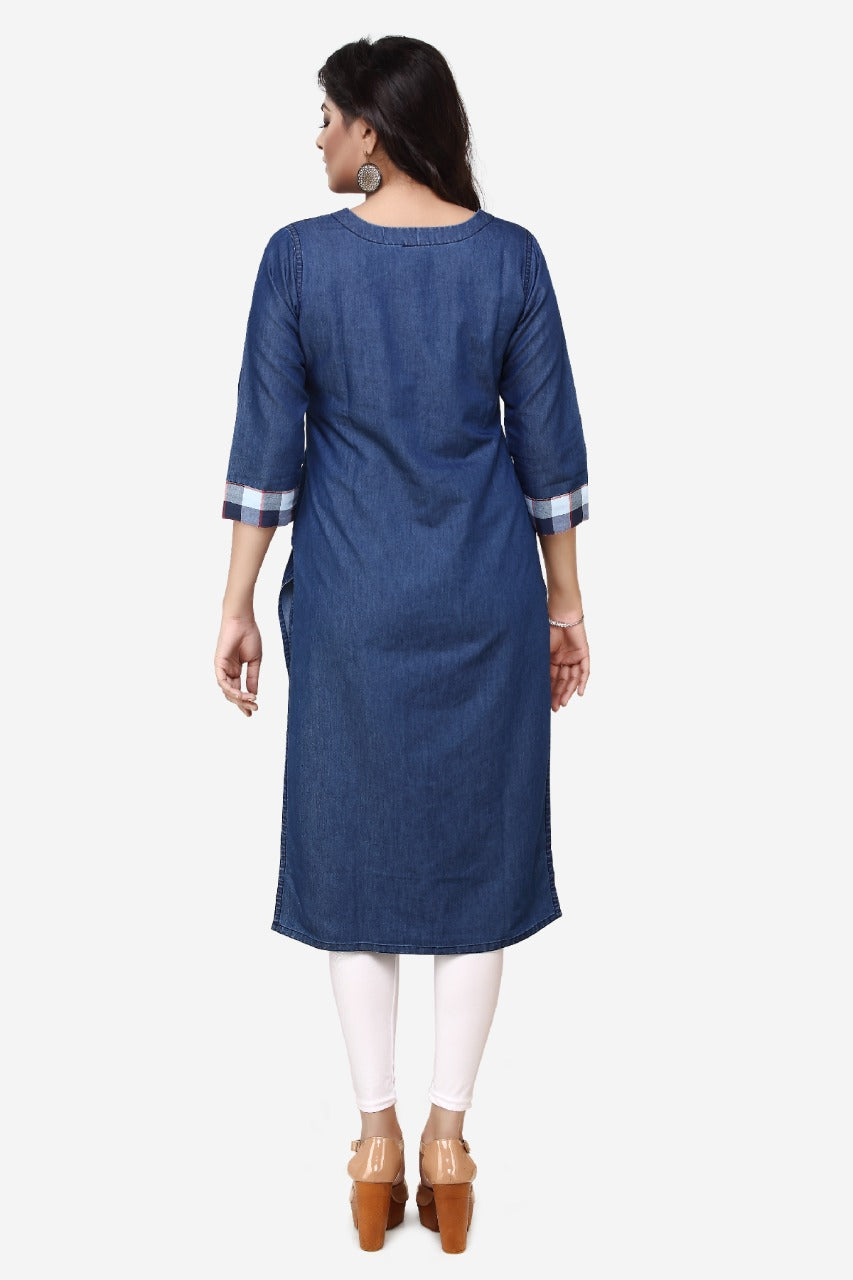 Denim Embroidered Chex Patch Round Neck Kurta