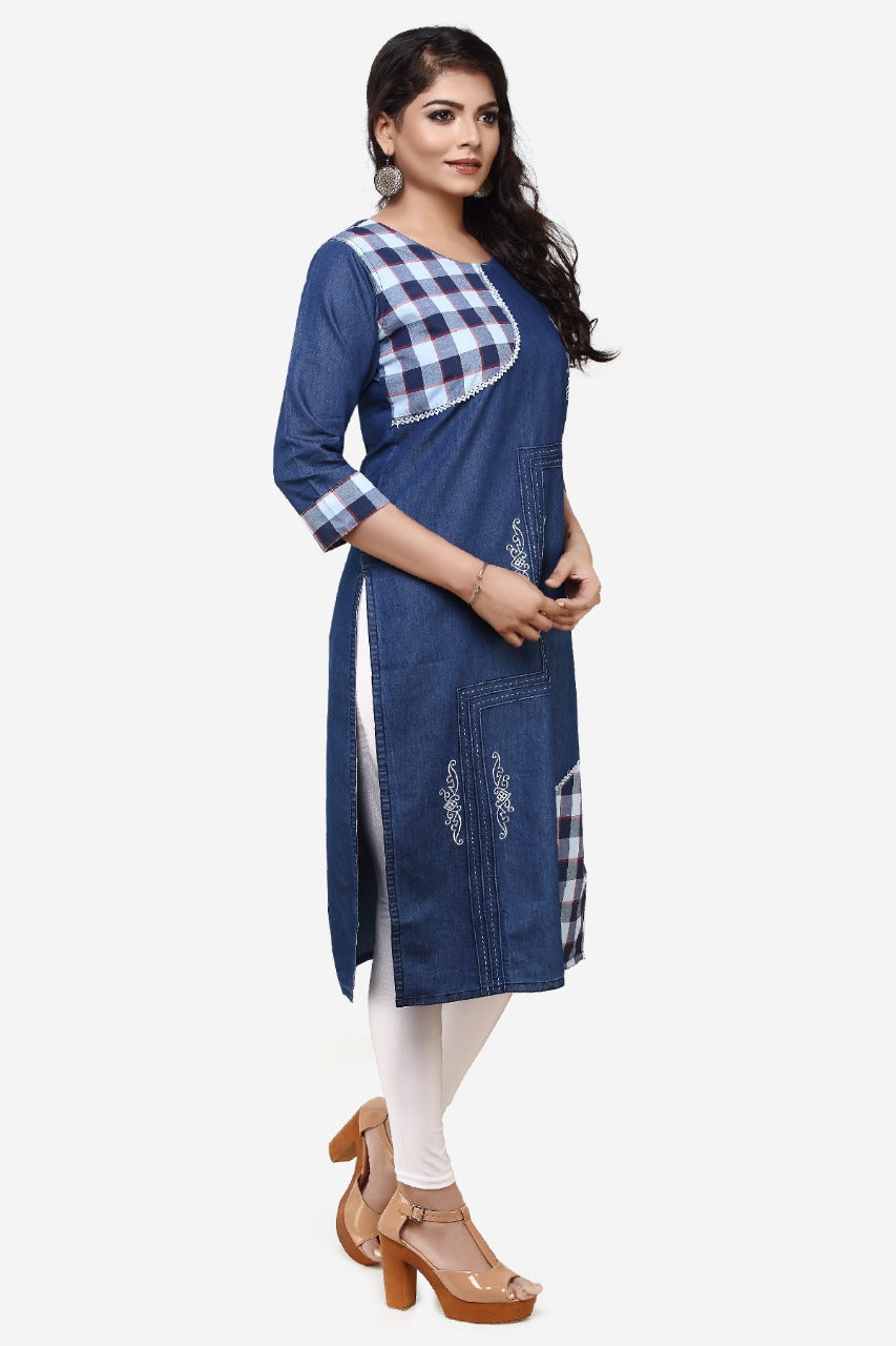 Denim Embroidered Chex Patch Round Neck Kurta