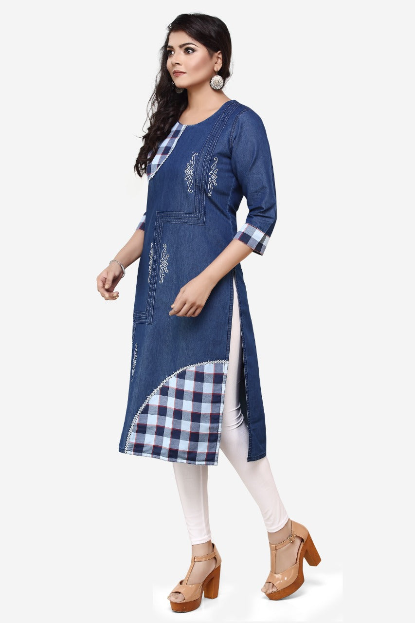 Denim Embroidered Chex Patch Round Neck Kurta