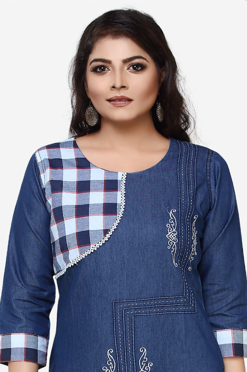 Denim Embroidered Chex Patch Round Neck Kurta