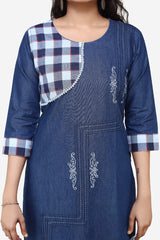 Denim Embroidered Chex Patch Round Neck Kurta