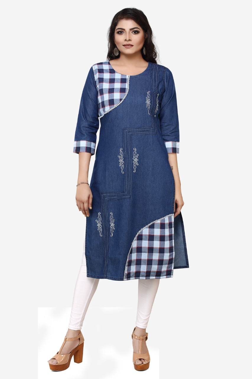 Denim Embroidered Chex Patch Round Neck Kurta