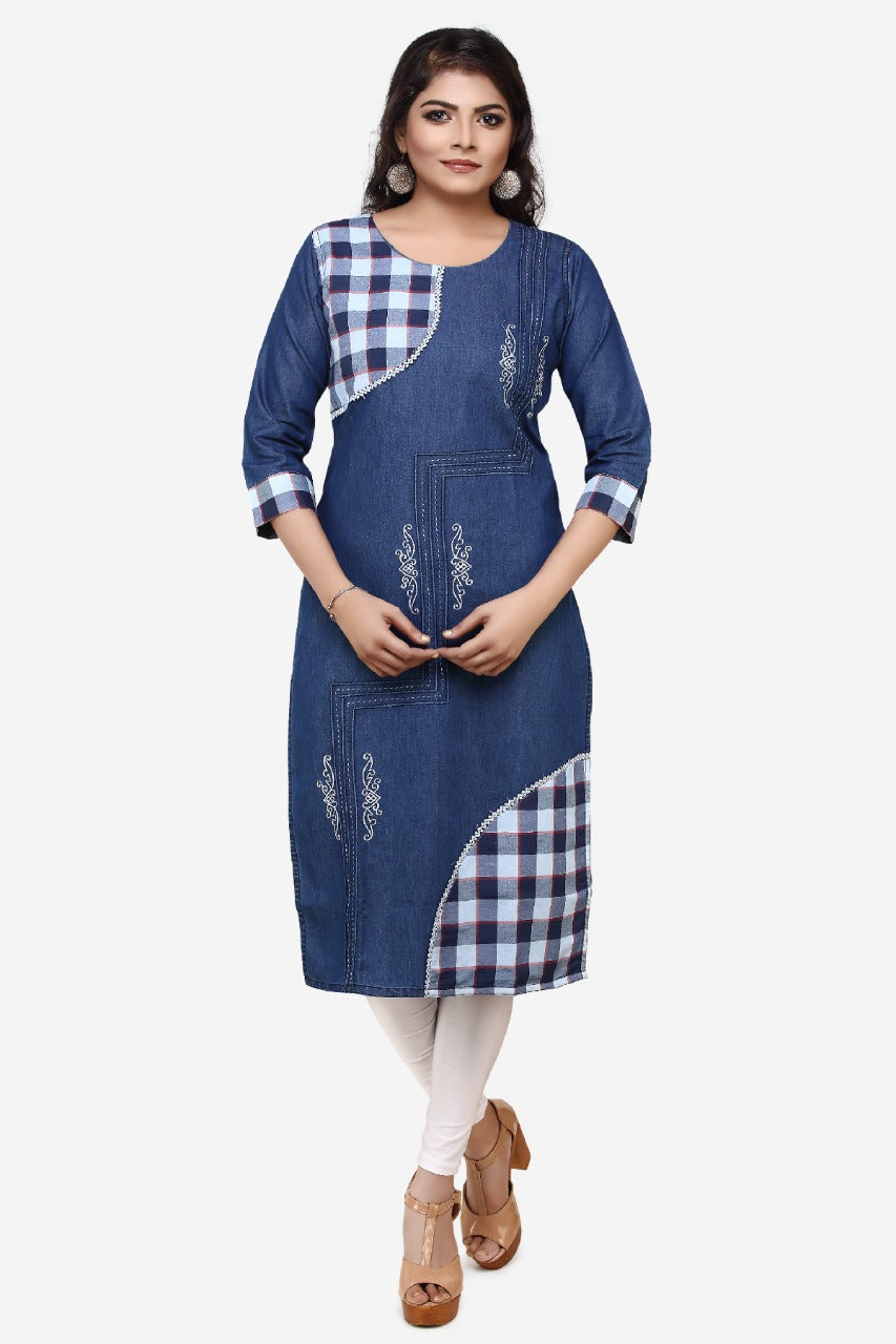 Denim Embroidered Chex Patch Round Neck Kurta