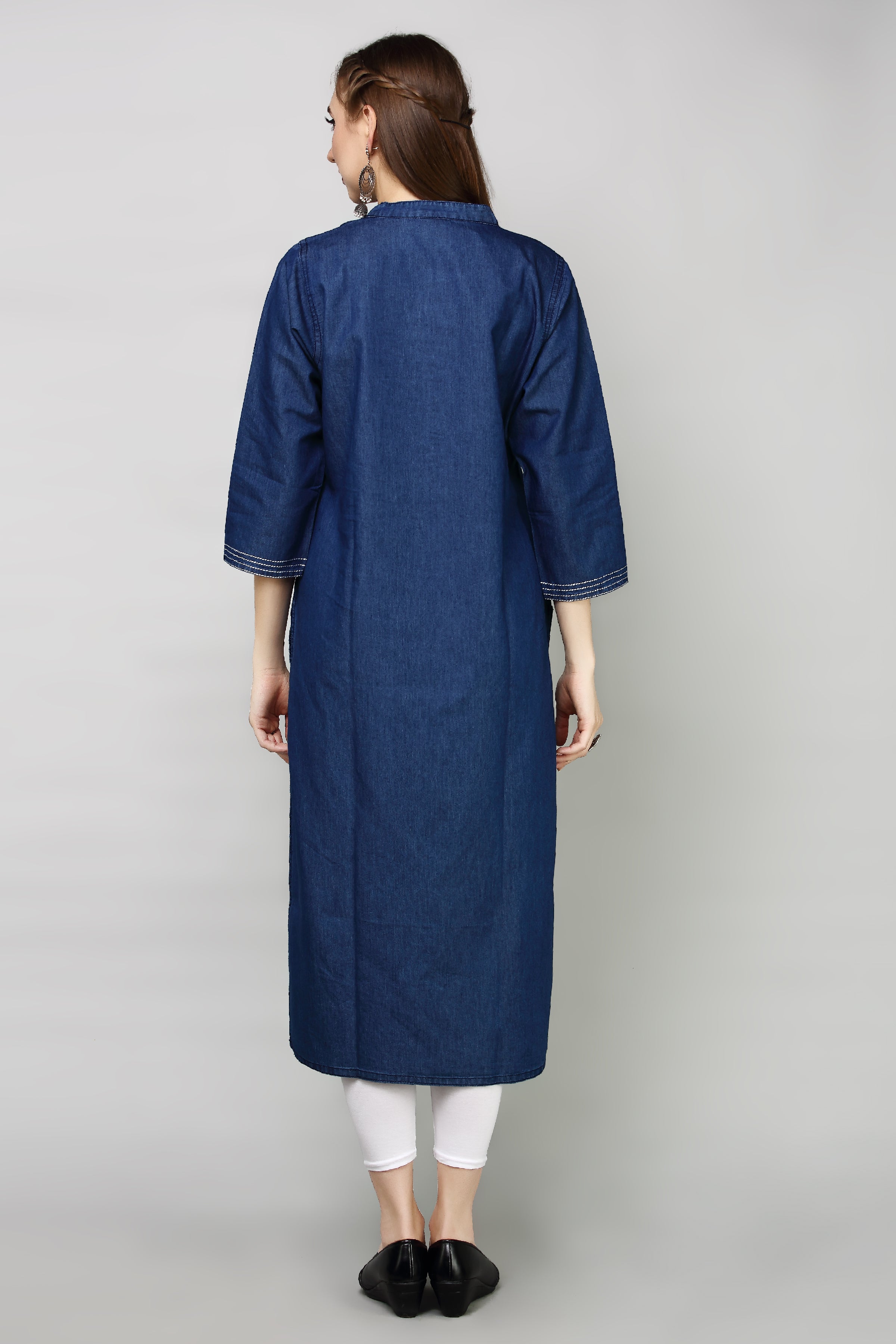 Denim Embroidered Dori Kantha work Mandarine Kurta