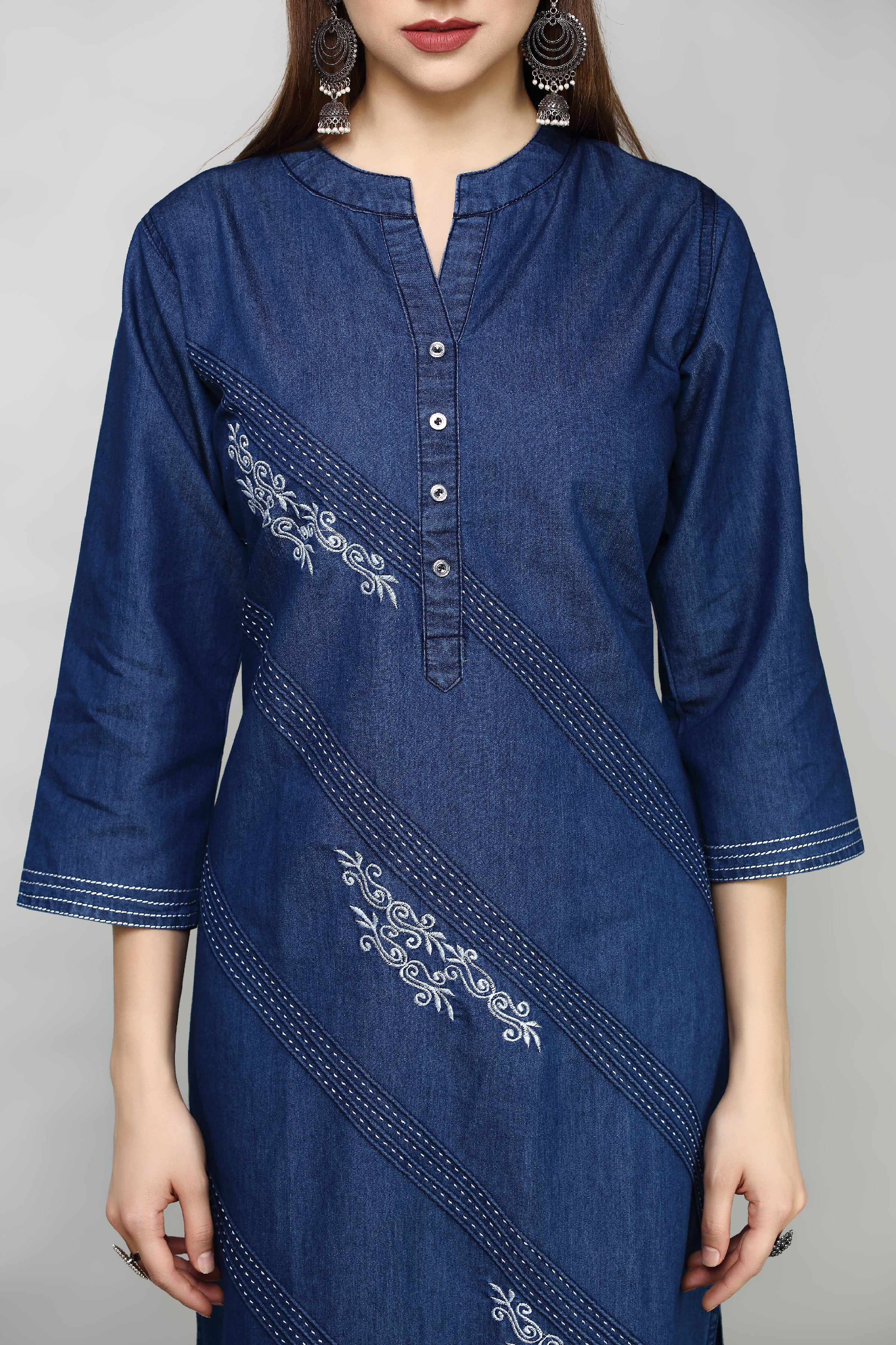 Denim Embroidered Dori Kantha work Mandarine Kurta