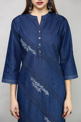 Denim Embroidered Dori Kantha work Mandarine Kurta