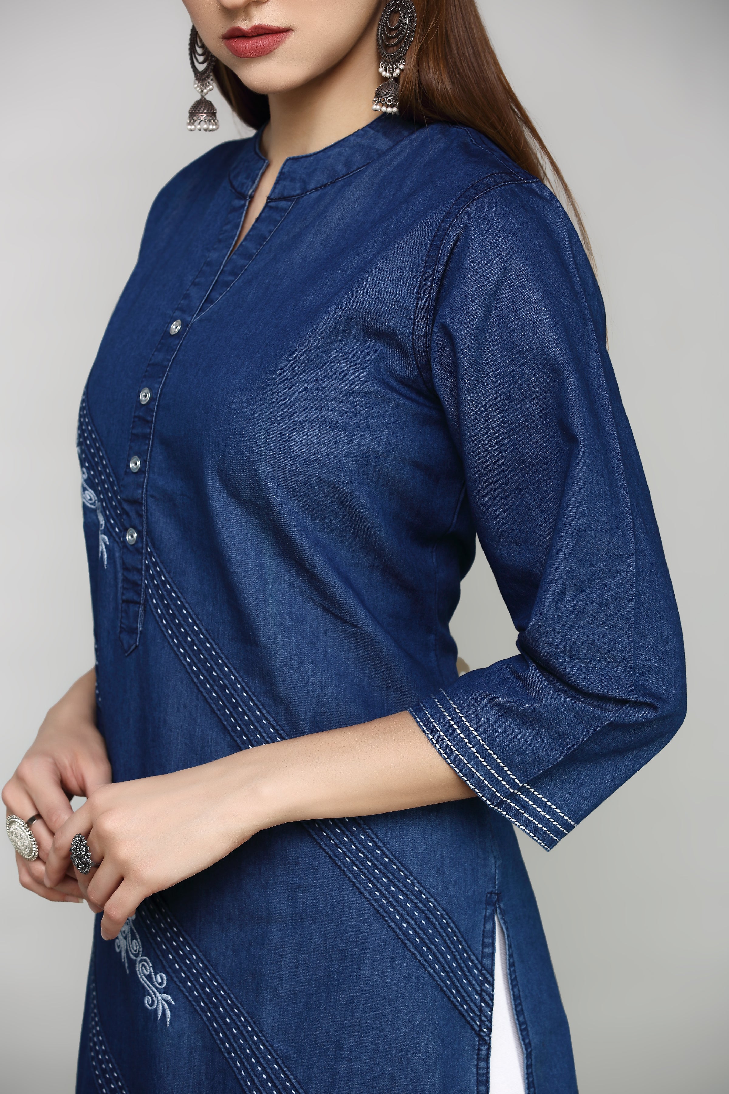 Denim Embroidered Dori Kantha work Mandarine Kurta