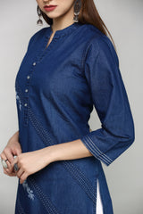 Denim Embroidered Dori Kantha work Mandarine Kurta