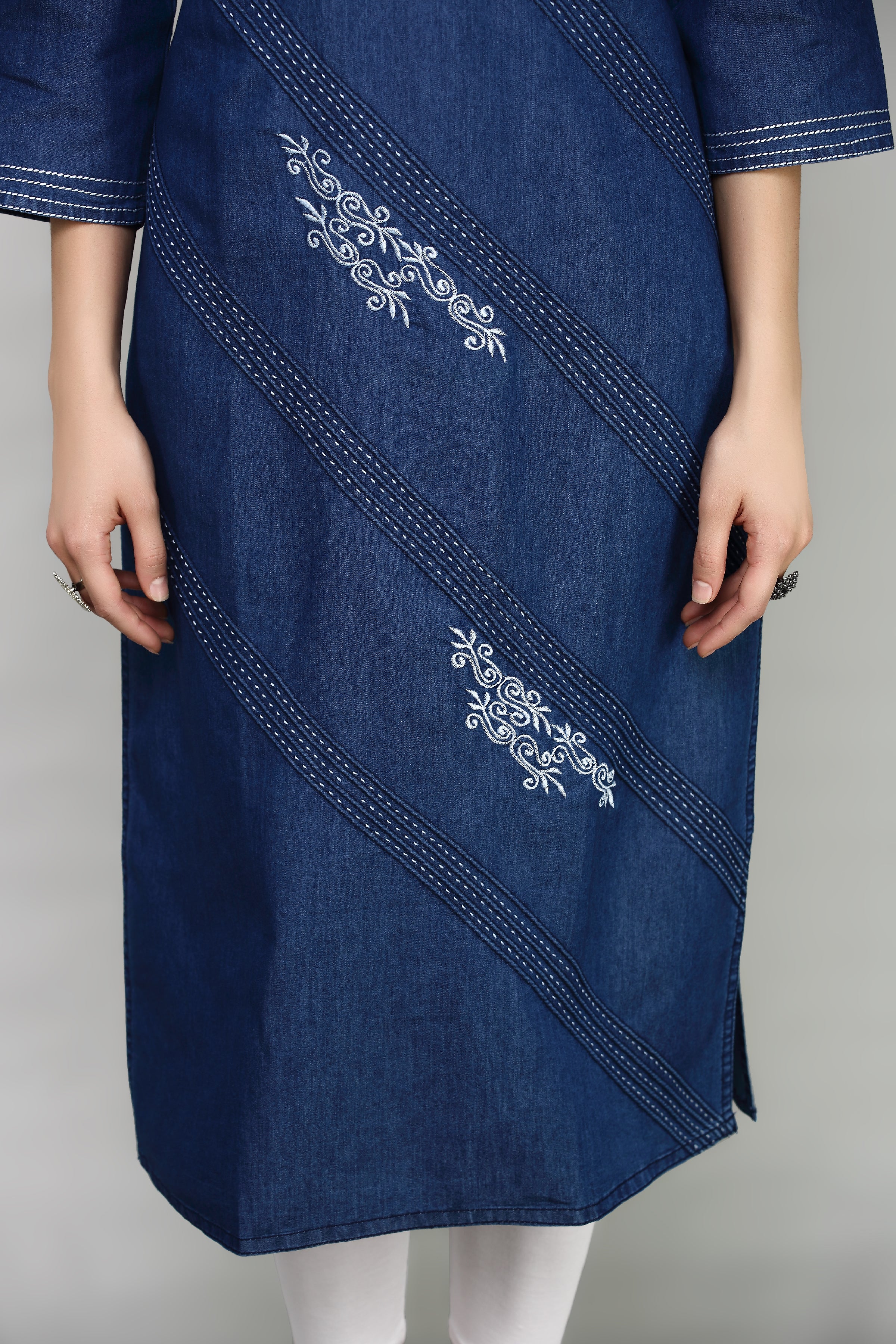 Denim Embroidered Dori Kantha work Mandarine Kurta