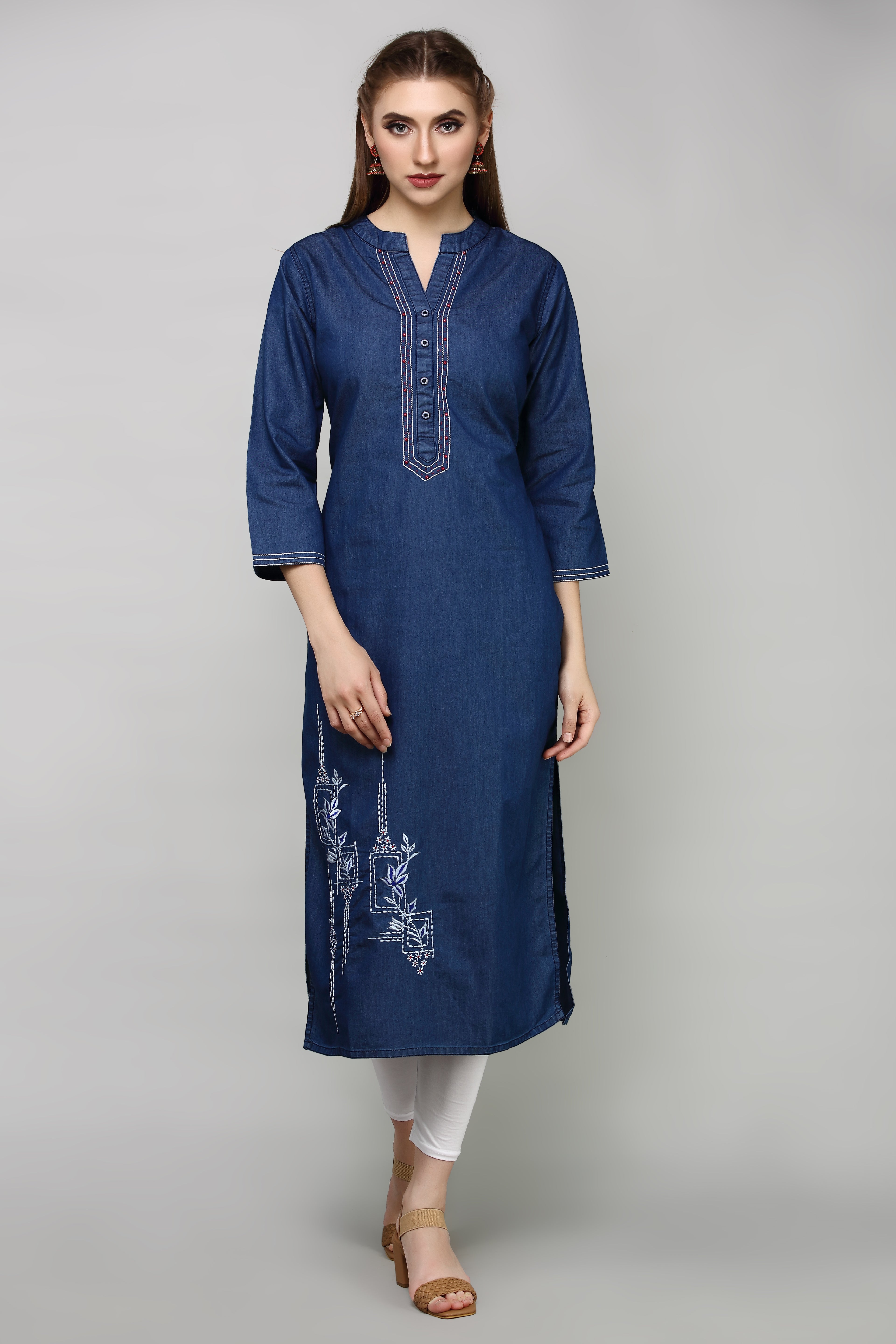 Denim Embroidered Mandarine Collat Kurta