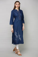 Denim Embroidered Mandarine Collat Kurta