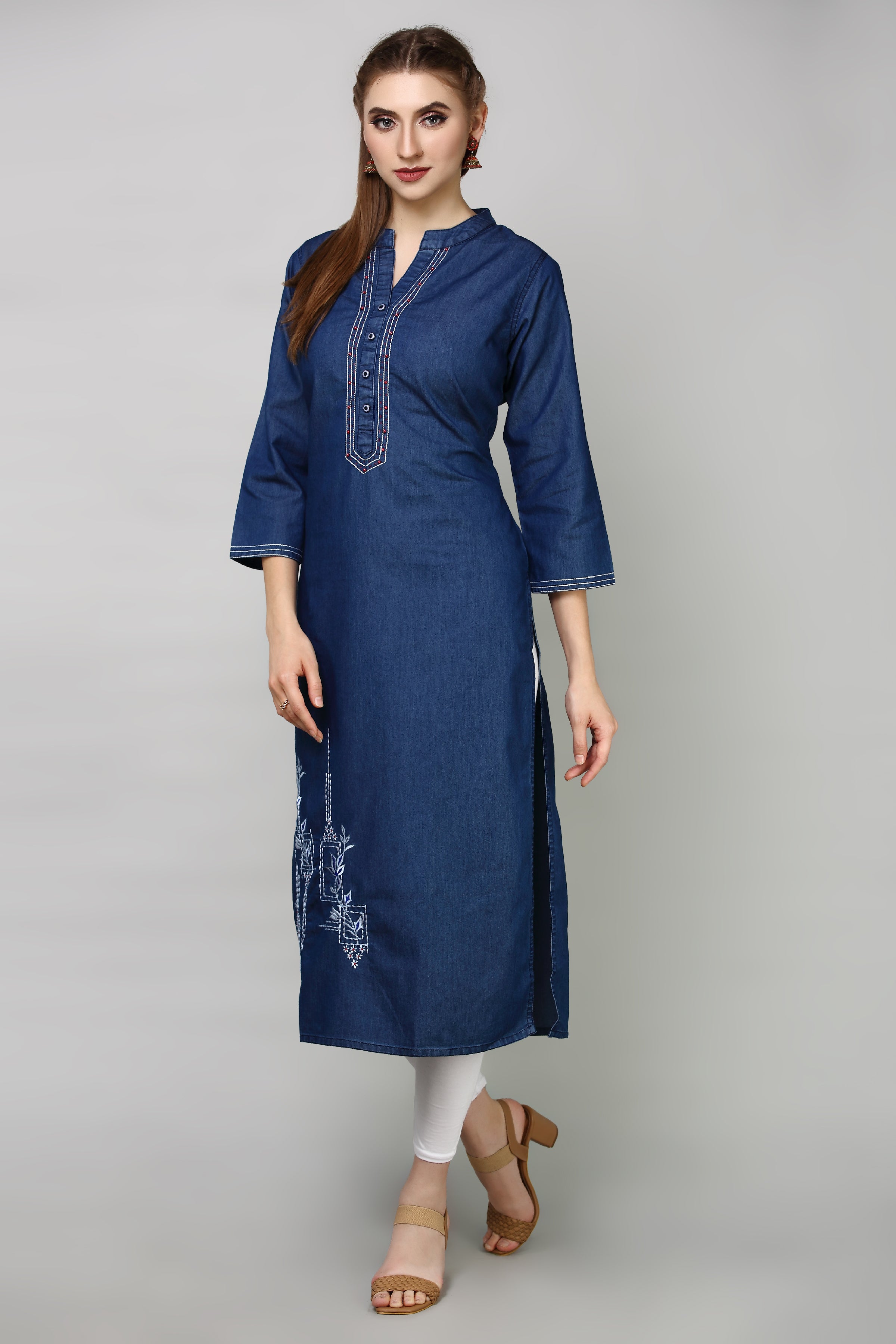 Denim Embroidered Mandarine Collat Kurta