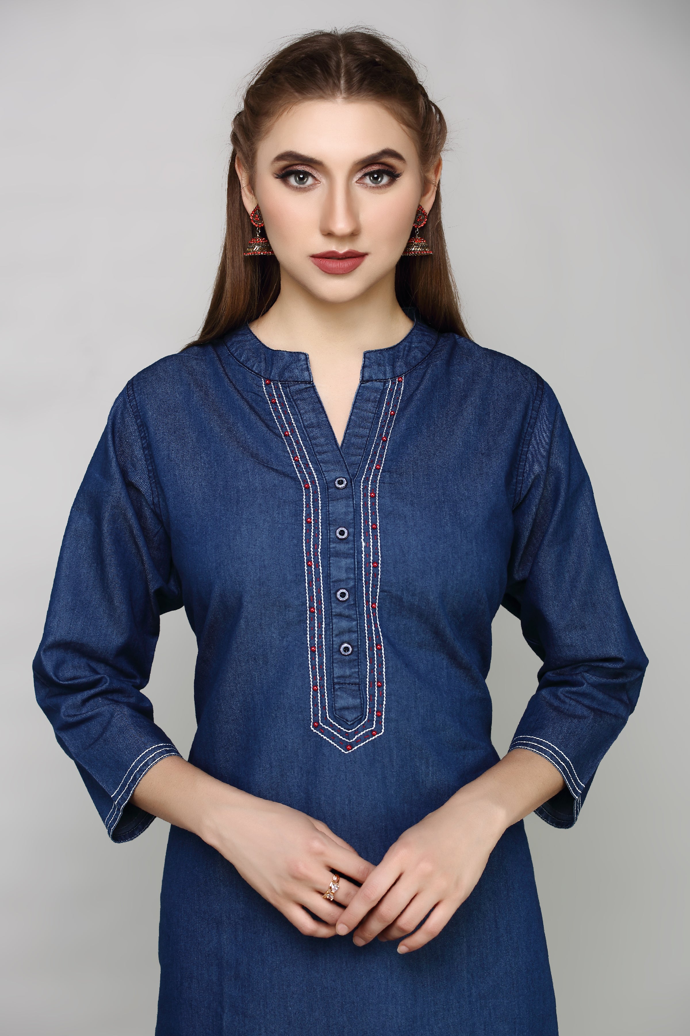 Denim Embroidered Mandarine Collat Kurta