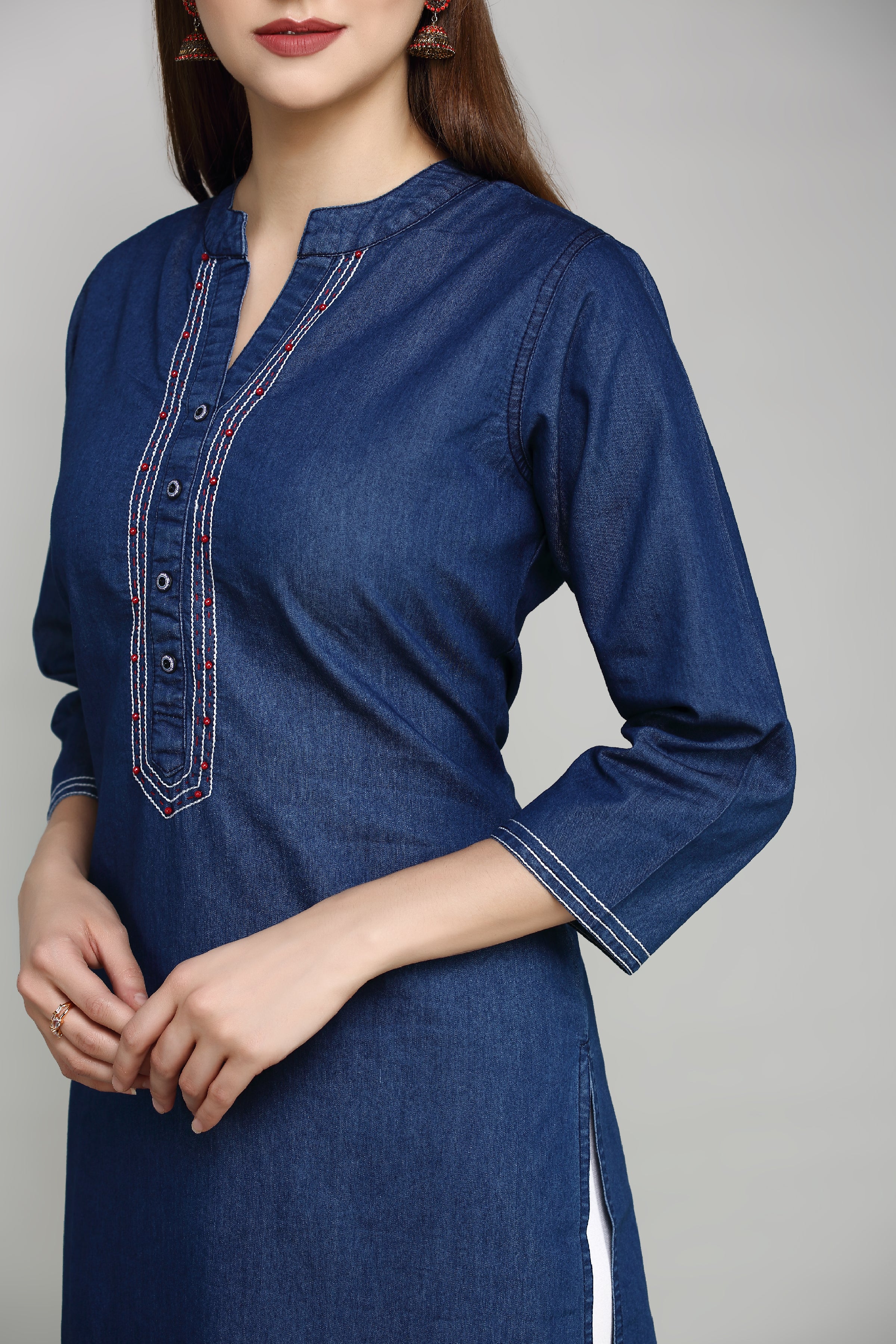 Denim Embroidered Mandarine Collat Kurta