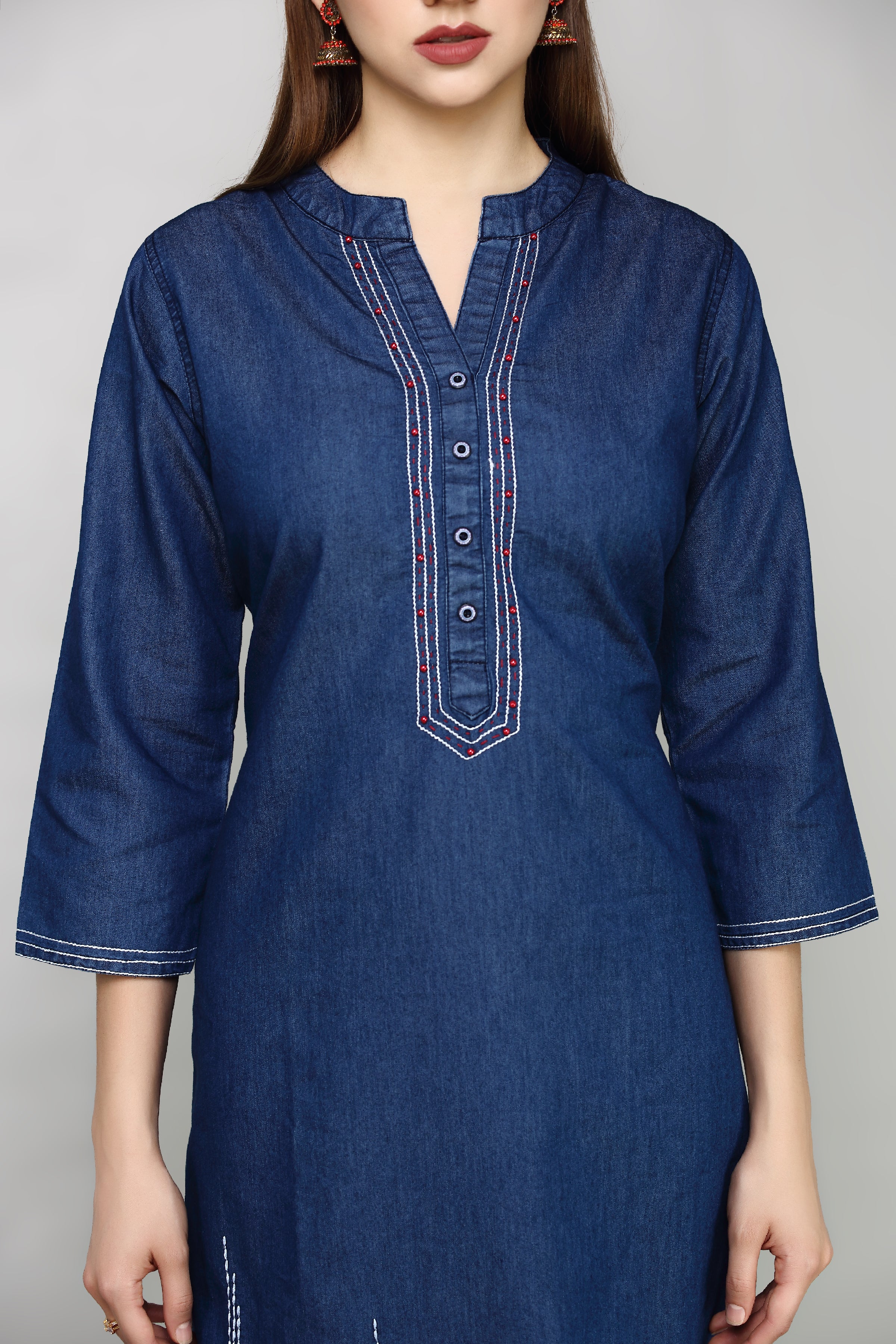 Denim Embroidered Mandarine Collat Kurta