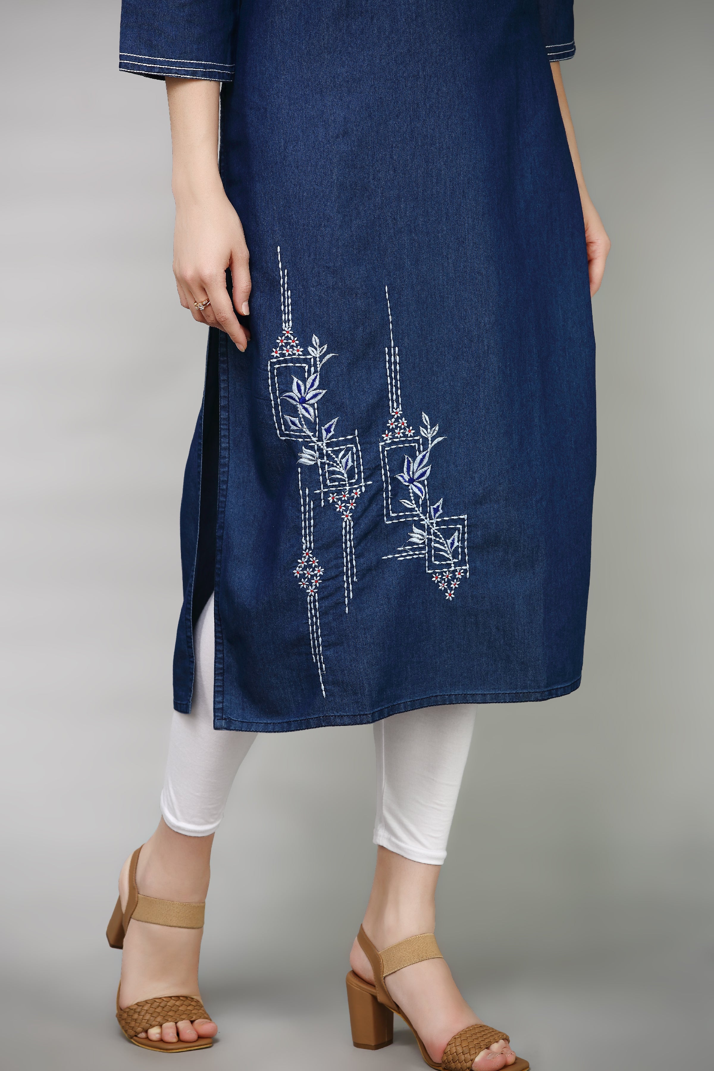 Denim Embroidered Mandarine Collat Kurta