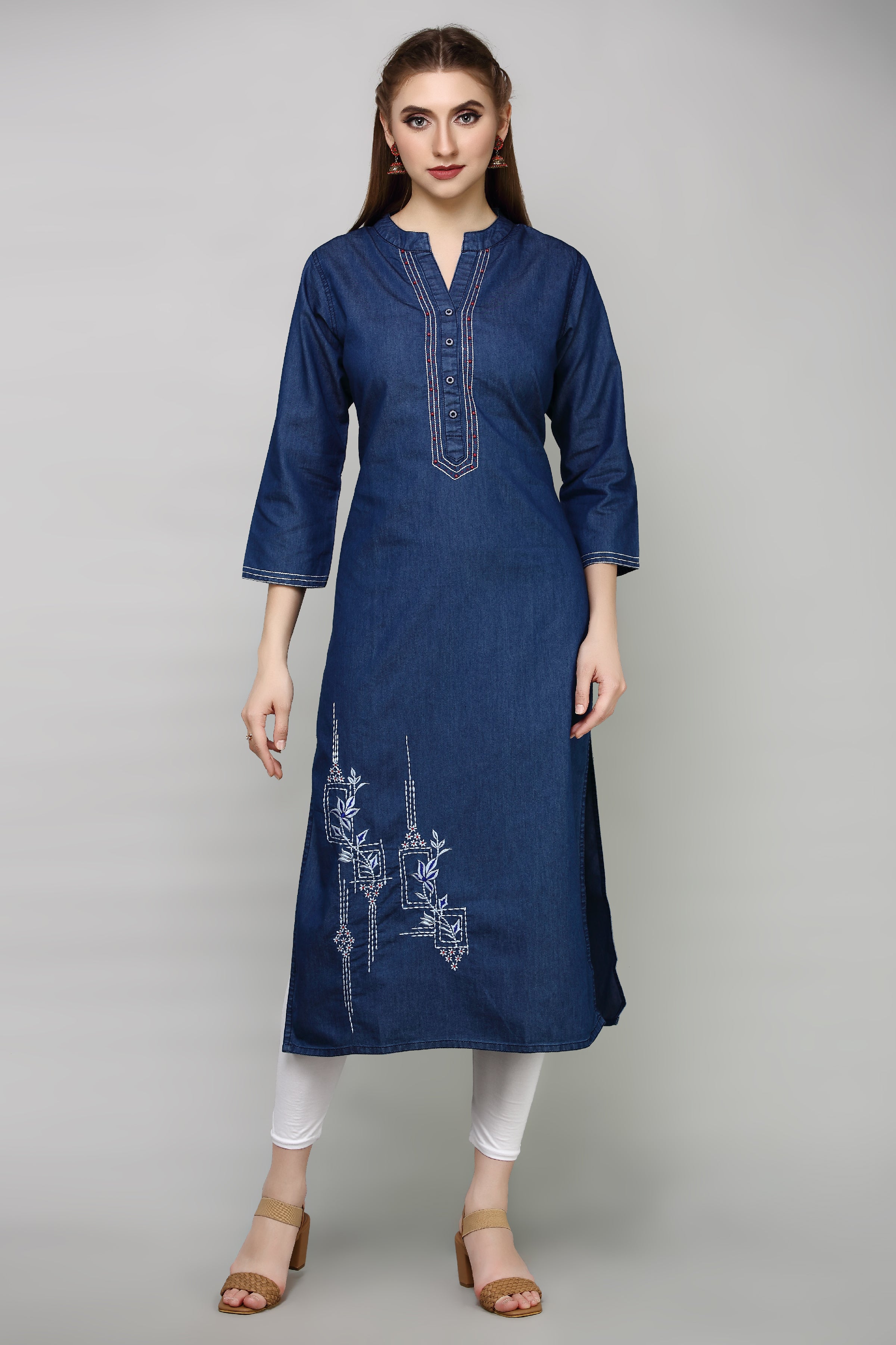 Denim Embroidered Mandarine Collat Kurta