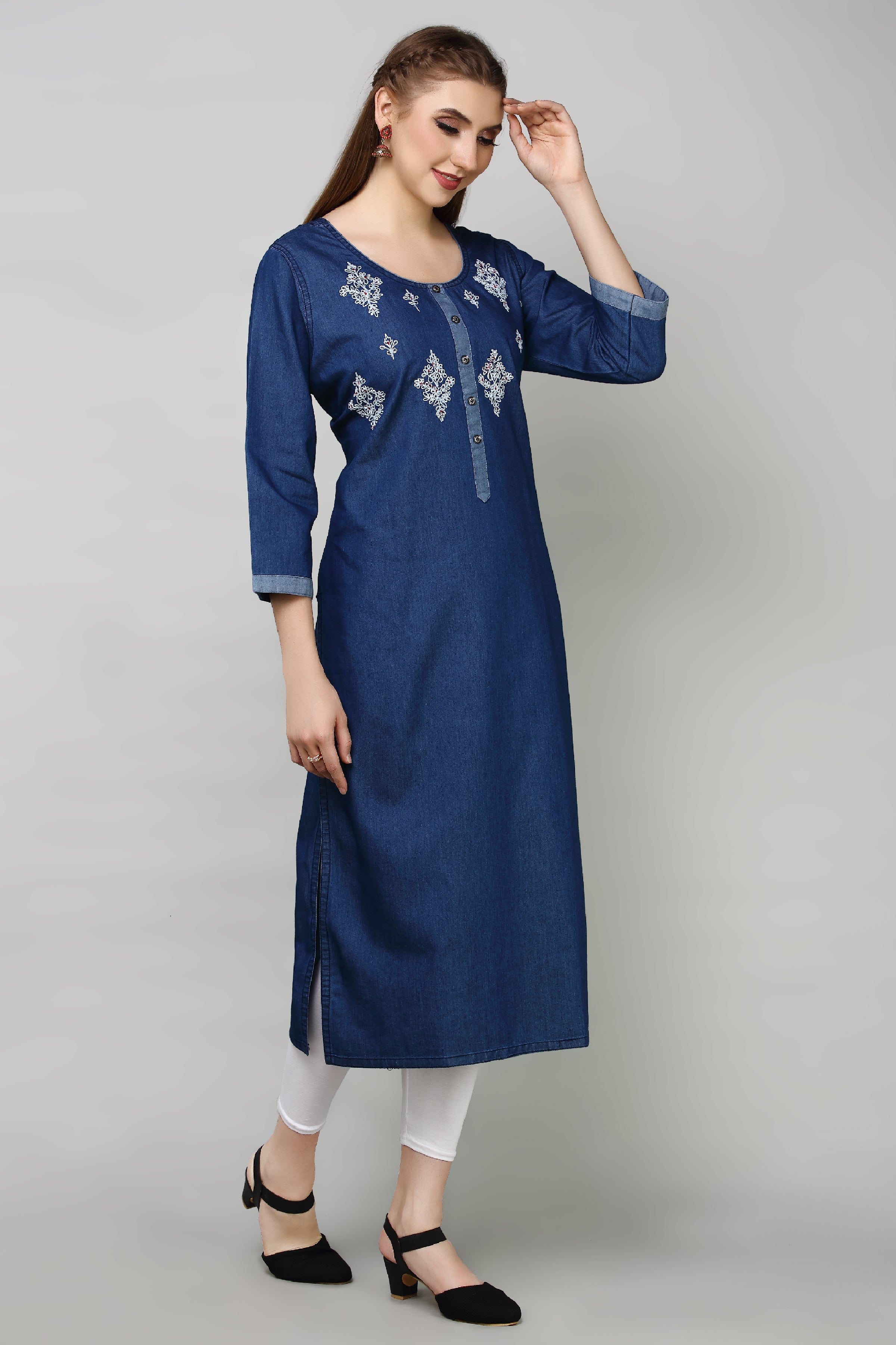Denim Butta Embroidered Kurta