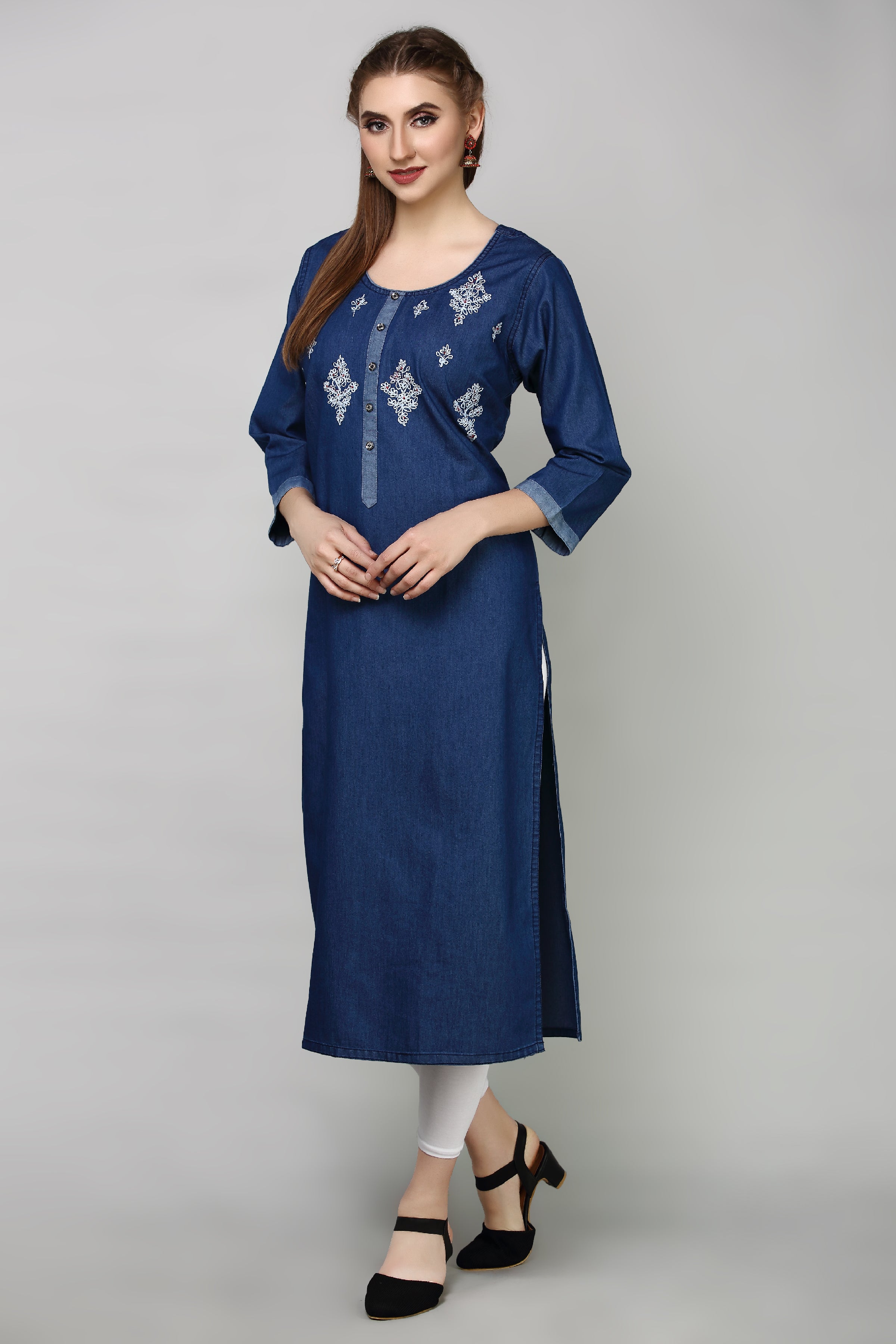 Denim Butta Embroidered Kurta