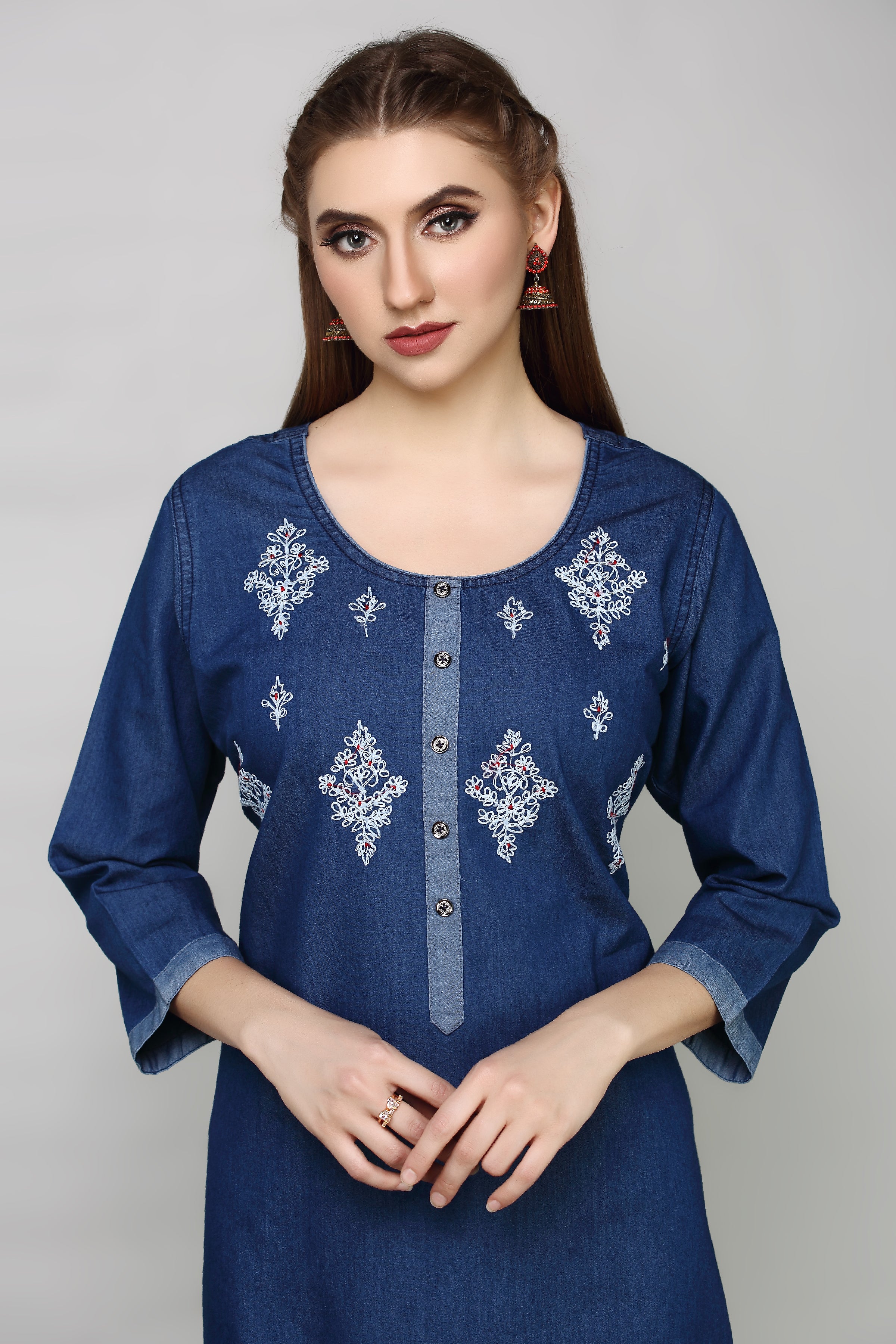 Denim Butta Embroidered Kurta
