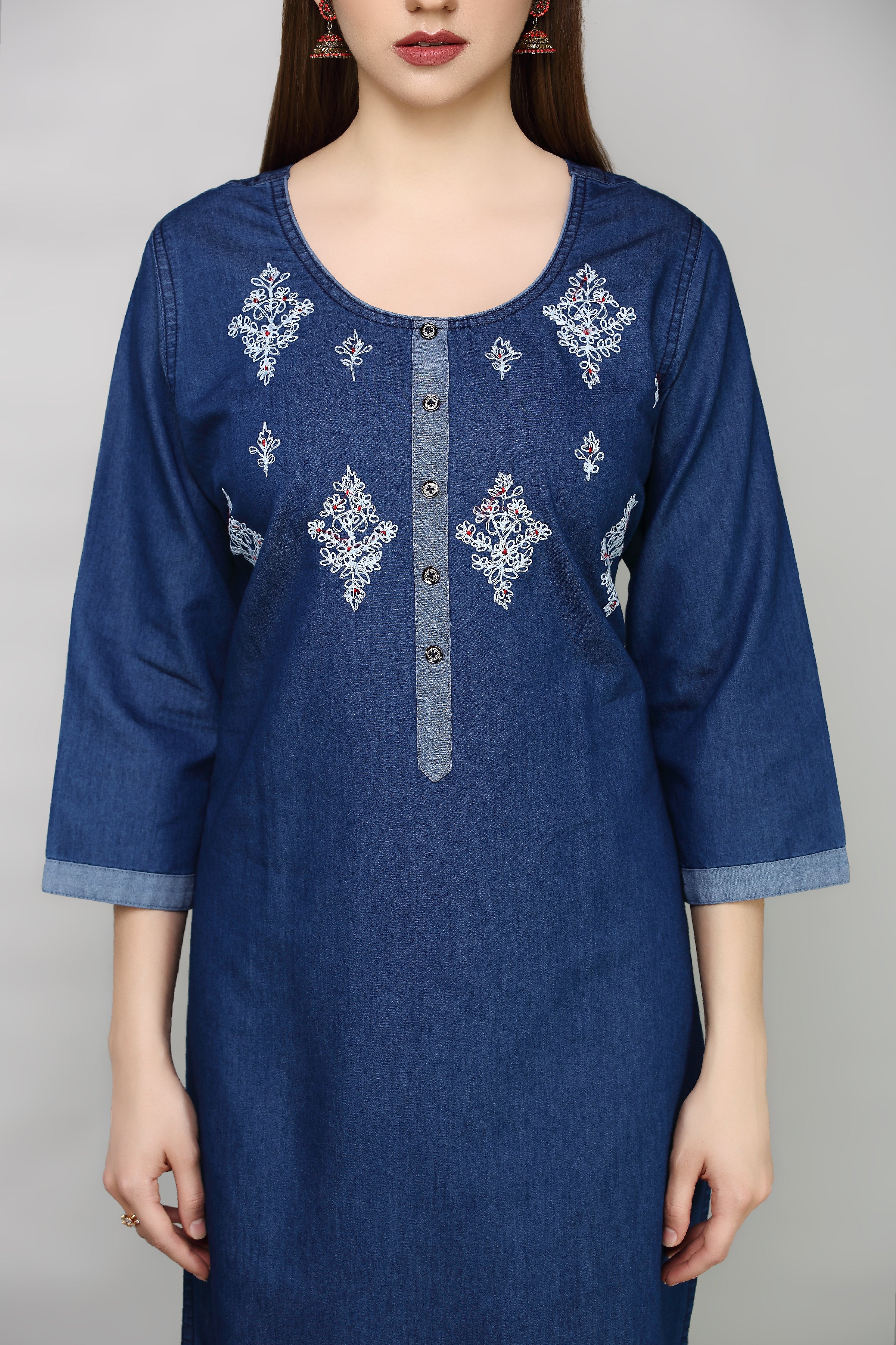 Denim Butta Embroidered Kurta
