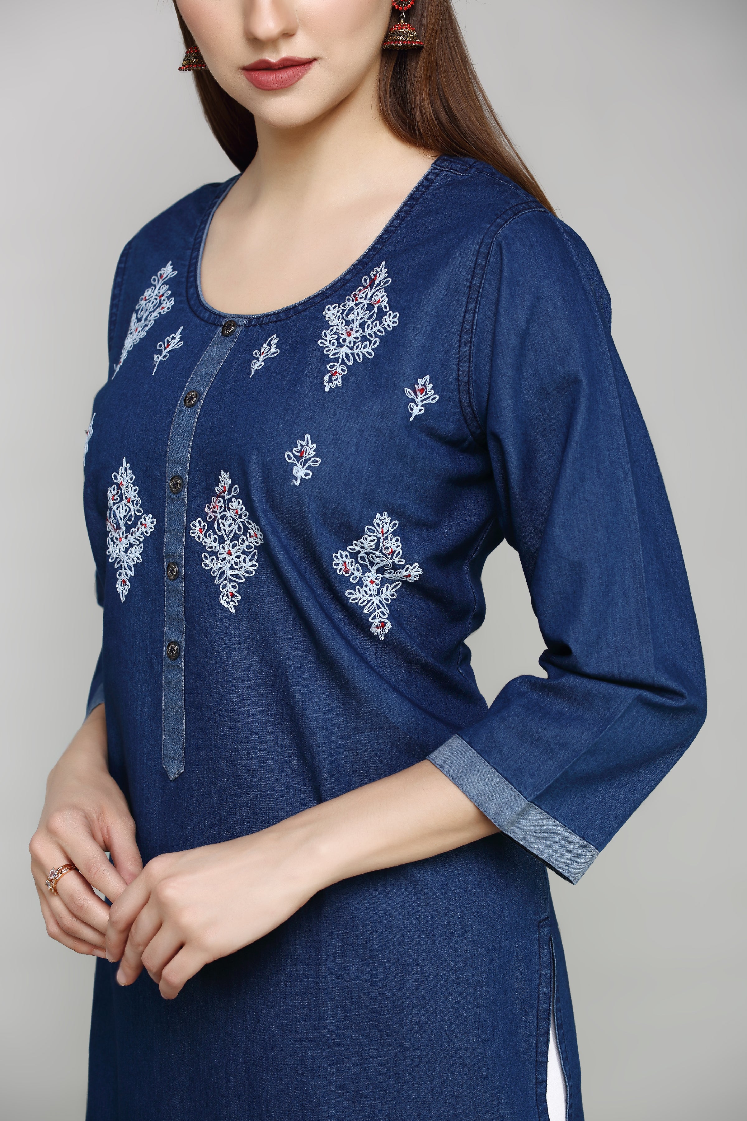 Denim Butta Embroidered Kurta