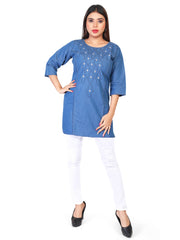 Denim Dori Embroidered butta Round Neck Kurti