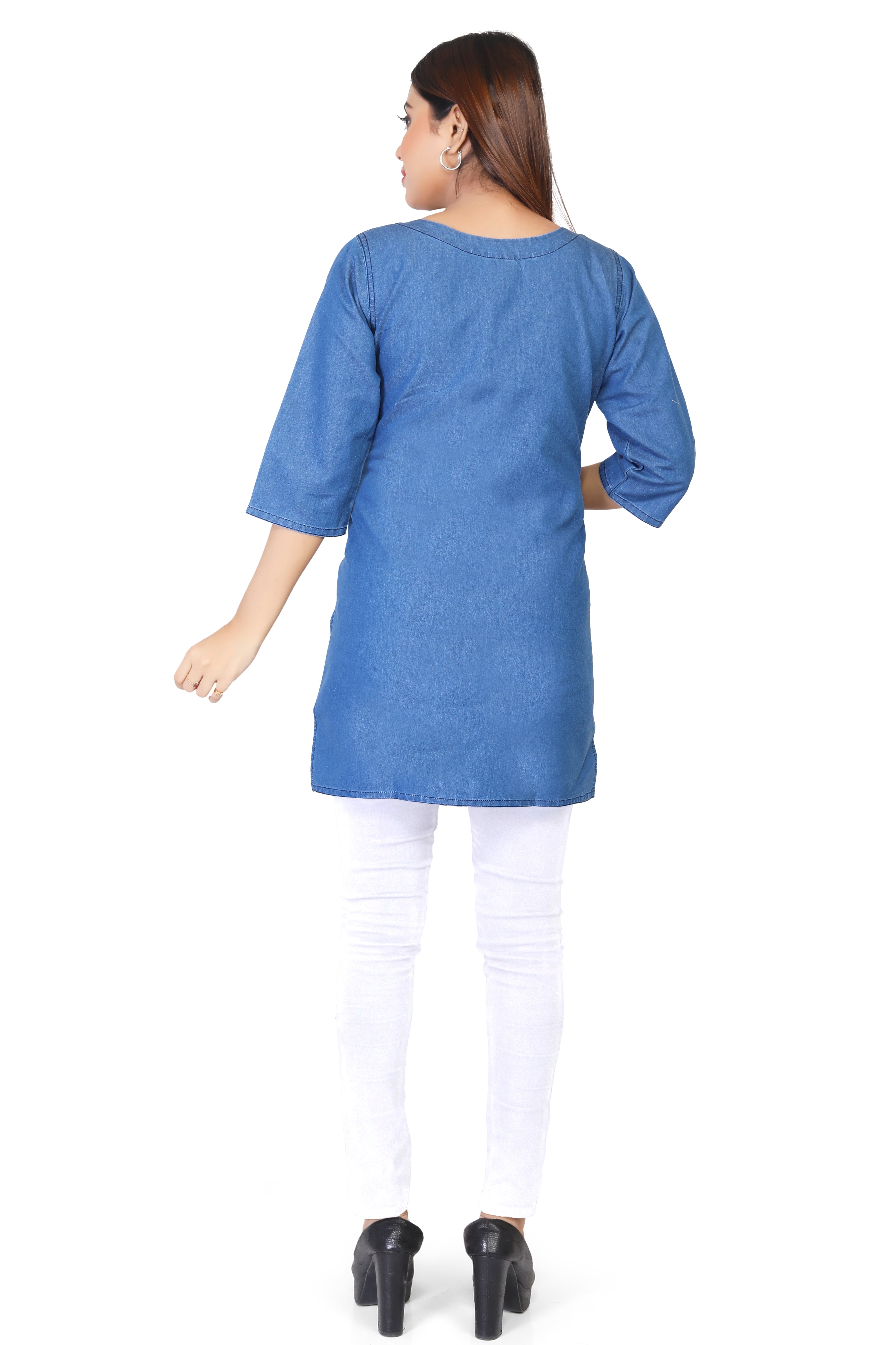 Denim Dori Embroidered butta Round Neck Kurti