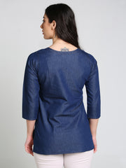 Denim Dori Embroidered butta Round Neck Kurti
