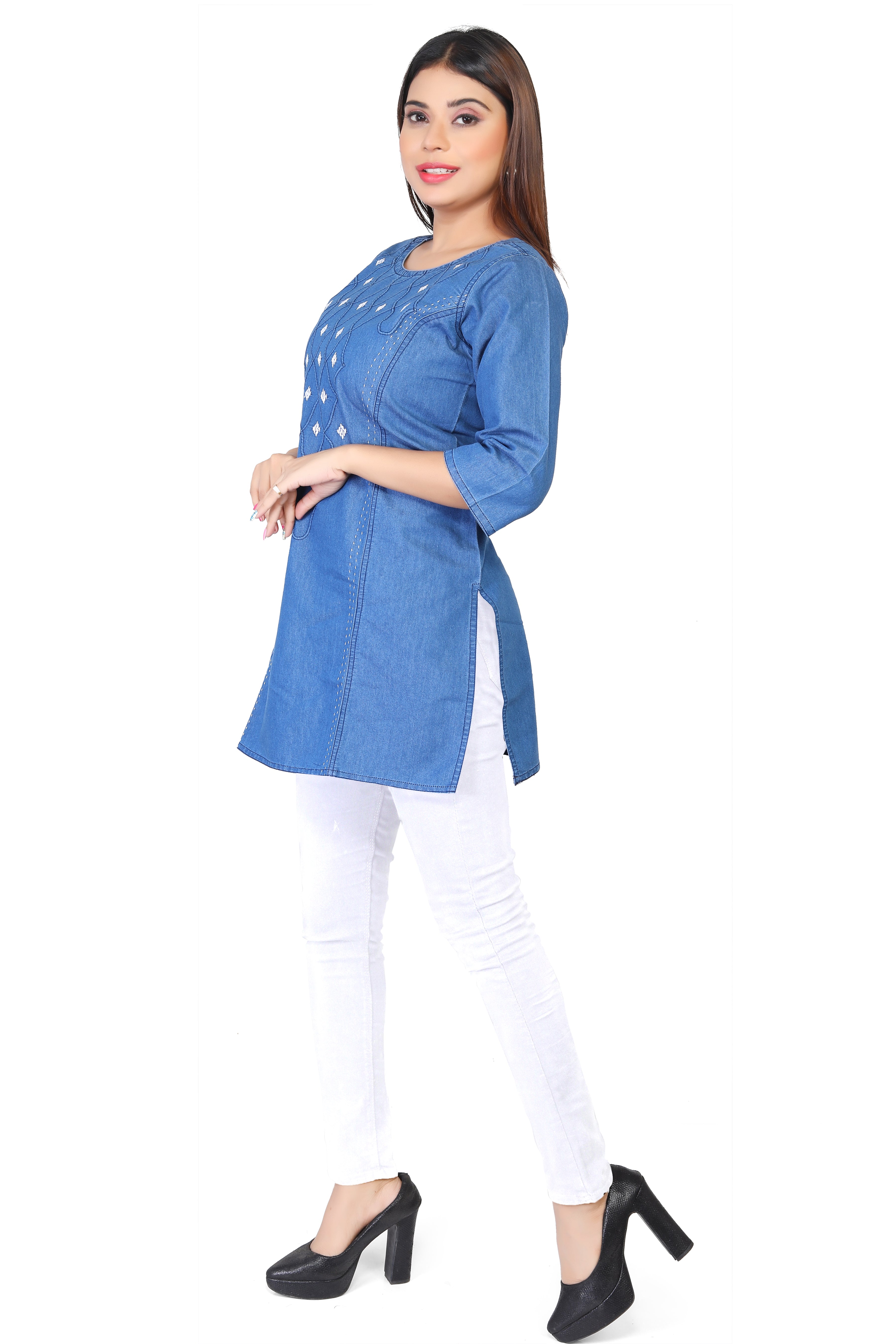 Denim Dori Embroidered butta Round Neck Kurti