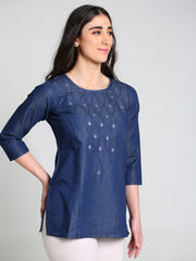 Denim Dori Embroidered butta Round Neck Kurti
